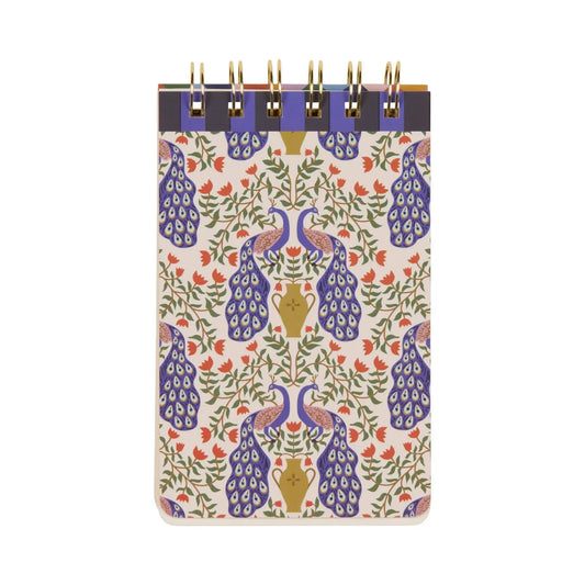 The A Dopo Peacock Twin Wire Notepad features a Mediterranean-inspired cover with blue and gold peacocks among branches and red flowers, perfect for sparking creativity.