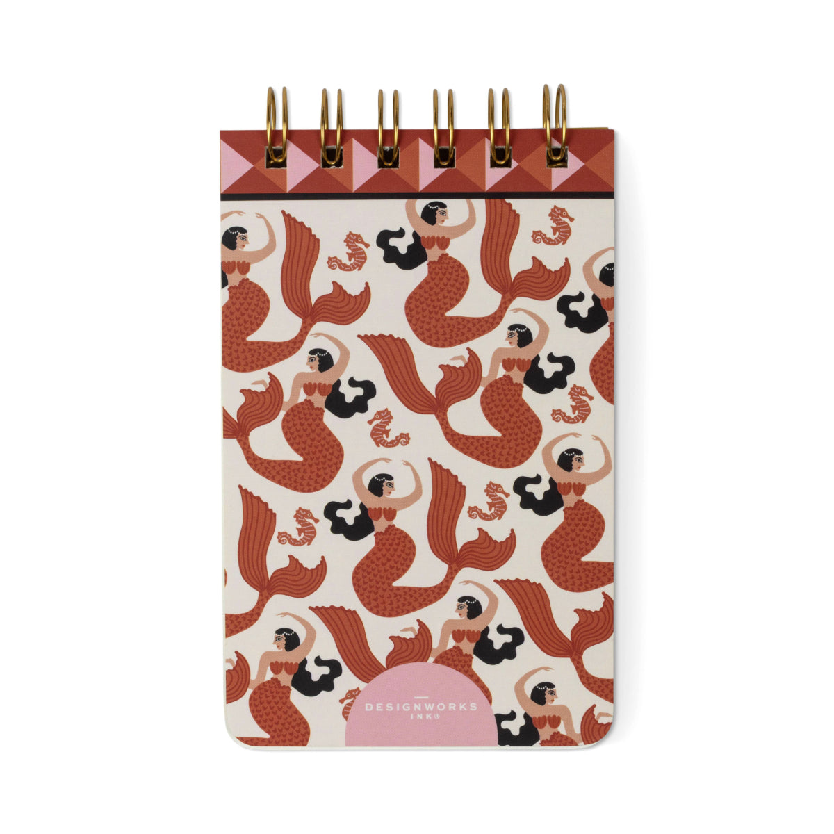 The A Dopo Mermaid & Moon Twin Wire Notepad is a compact notepad with a cover showcasing an illustrated pattern of red mermaids and seashells. Its top features a geometric design and sturdy gold twin wire binding, while the note pages are crafted from eco-friendly, acid-free stationery materials.