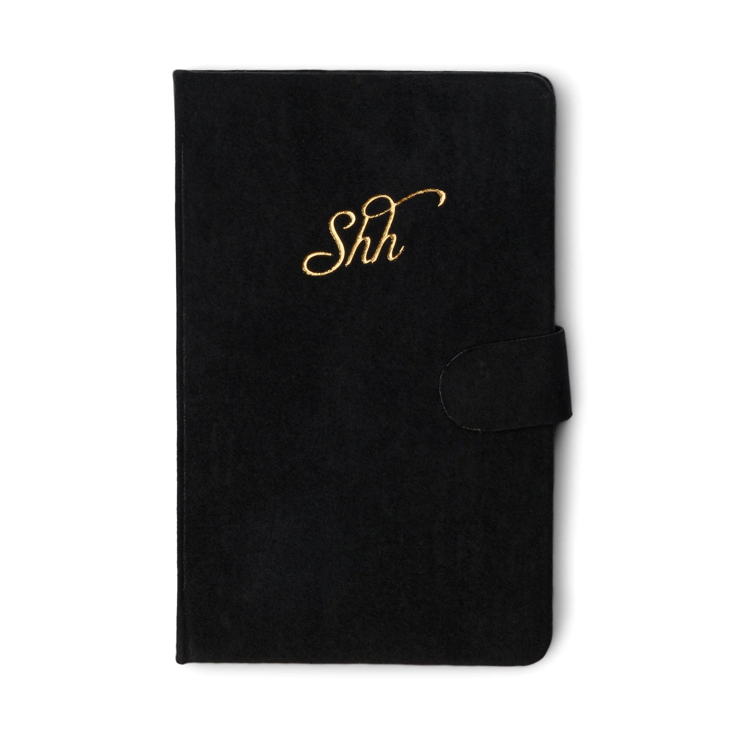A closed Mini Password Journal - Shh in black with gold cursive Shh on the cover and a side flap closure, ideal for storing confidential logins or digital secrets, displayed against a white background.