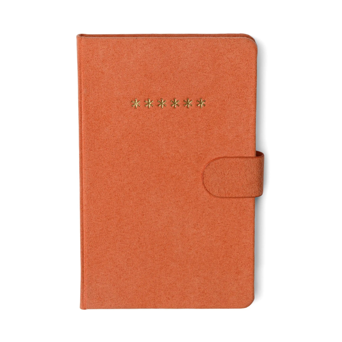 The Mini Password Journal - Asterisks features a closed, textured orange cover with a snap closure and seven gold asterisks embossed on the front—ideal for keeping your confidential login details organized and secure.