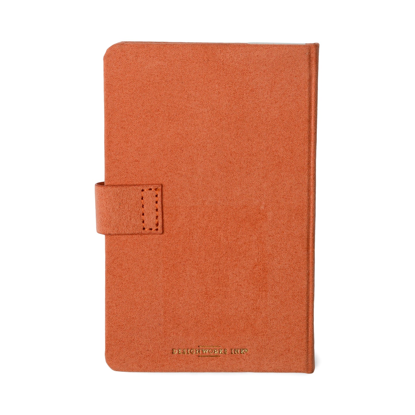 Keep your digital secrets safe with the Mini Password Journal - Asterisks, a closed orange suede journal featuring a stitched strap and gold-embossed DESIGNWORKS INK branding at the bottom center.