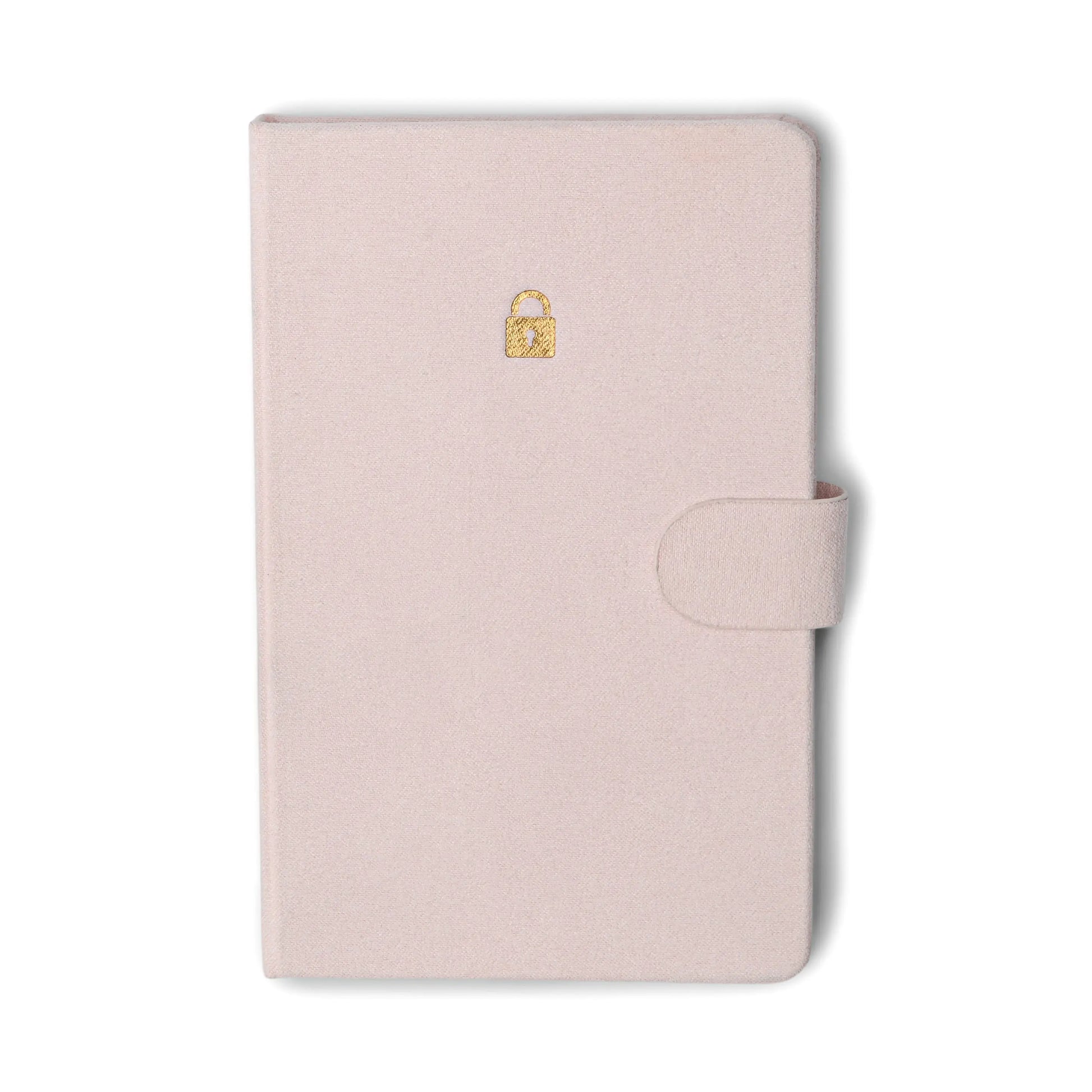 The Mini Password Journal - Lock is a closed, light pink journal with a strap closure and small gold padlock icon—ideal for storing your digital secrets or confidential login details securely.
