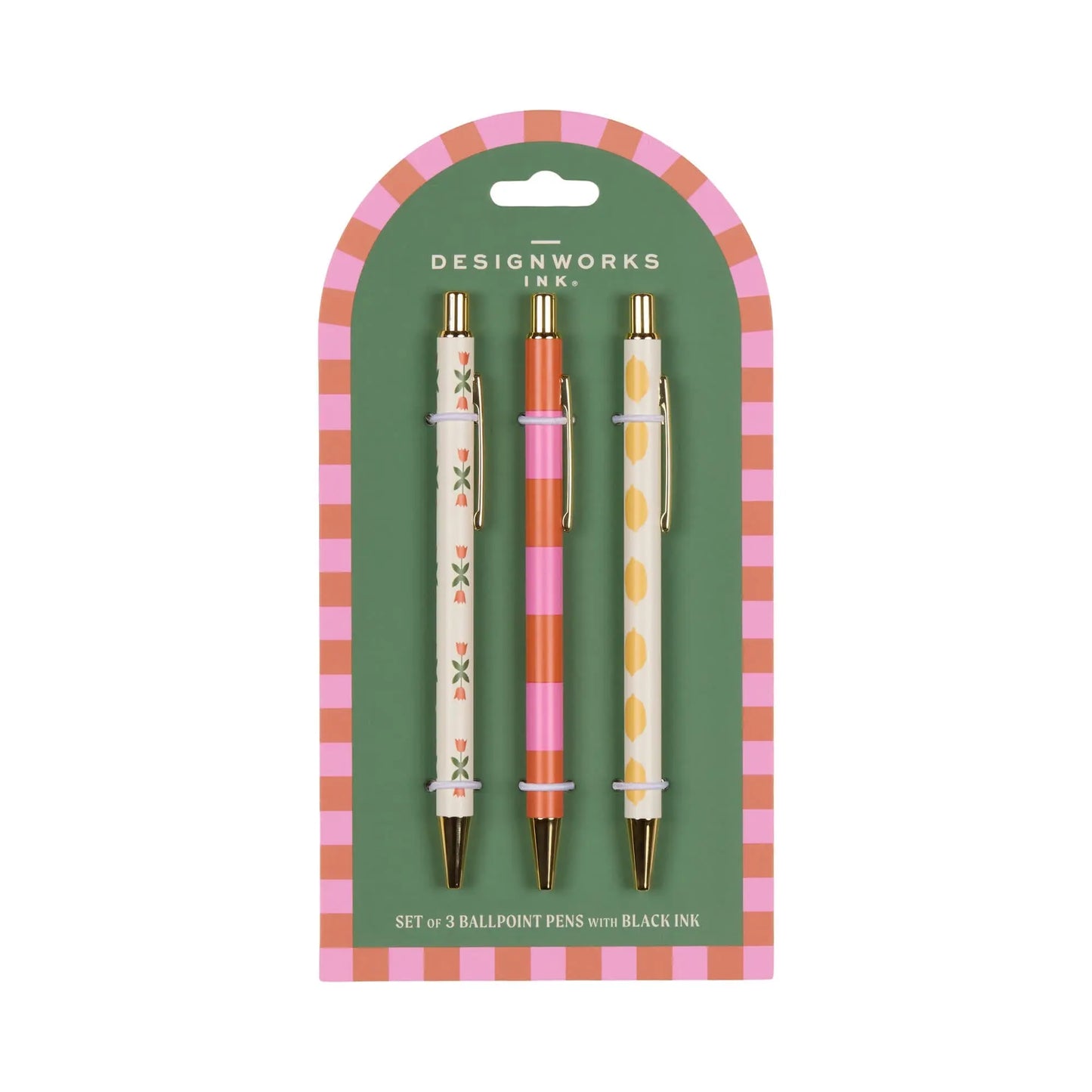 The A Dopo Set Of 3 Pens - Flower, Stripe, Lemon features hand-drawn Mediterranean-inspired designs in green and pink packaging, labeled “DesignWorks Ink.”.