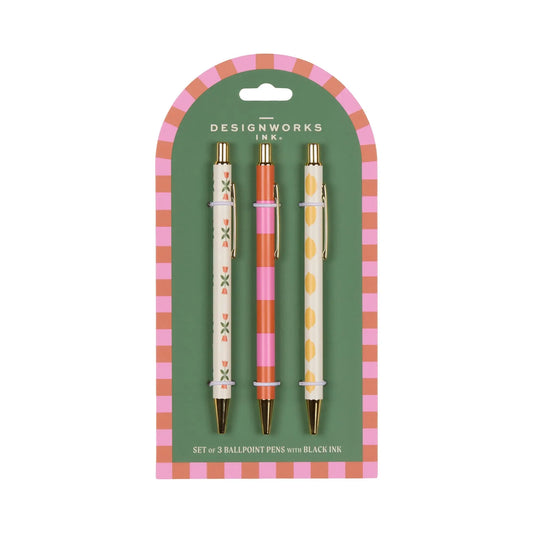 The A Dopo Set Of 3 Pens - Flower, Stripe, Lemon features hand-drawn Mediterranean-inspired designs in green and pink packaging, labeled “DesignWorks Ink.”.