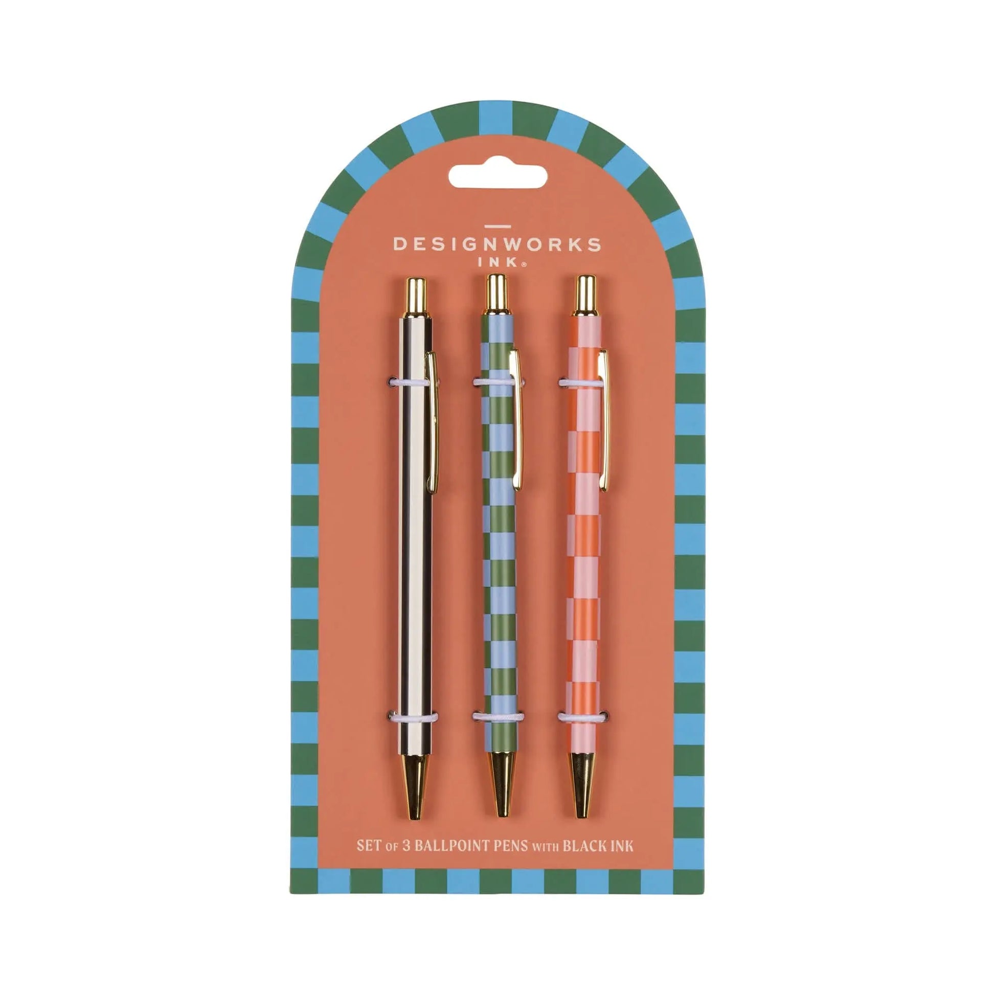 The A Dopo Set Of 3 Pens - Stripes & Checks features Mediterranean-inspired black ink ballpoints in striped patterns, packaged on an orange card with a blue and green striped border—ideal for infusing creativity into any task.