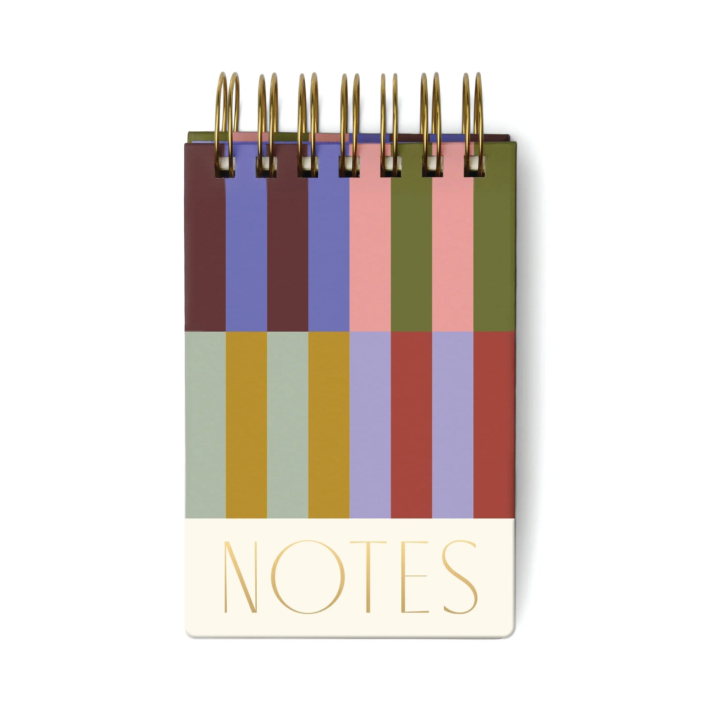 The Chunky Notepad - Bold Stripes features a sturdy spiral binding, hard cover, vertical color block design, and NOTES in large gold letters at the bottom.