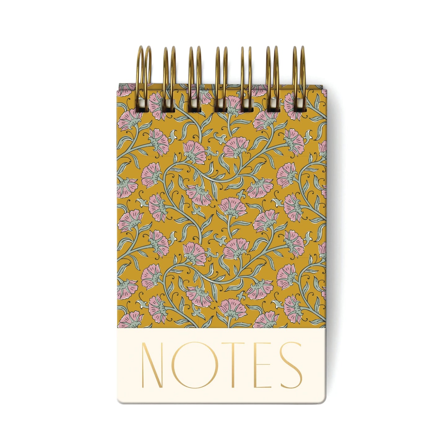 The Chunky Notepad - Gold Vintage Floral features a hard cover with a yellow floral design and NOTES printed in bold gold letters at the bottom.