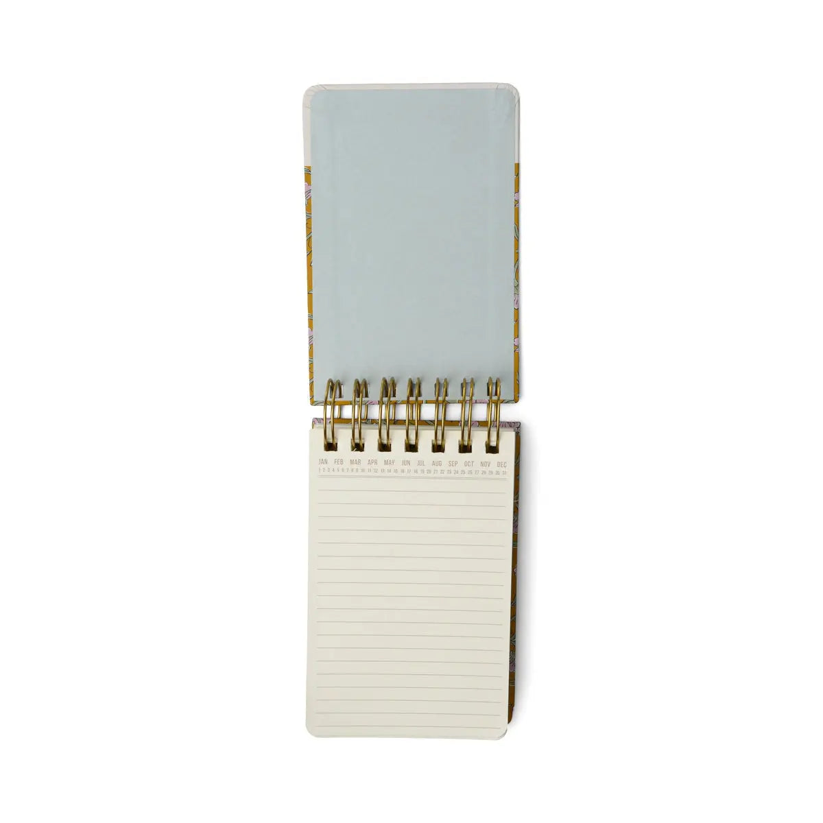 The Chunky Notepad - Gold Vintage Floral is a small, spiral-bound notepad with lined paper and a hard cover for durability, shown open on a white background.