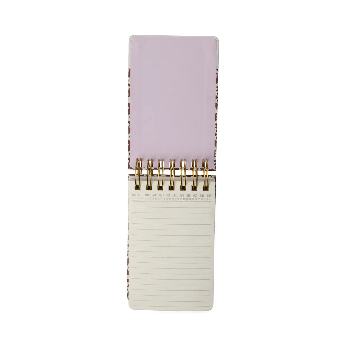 The Chunky Notepad - Burgundy Groovy Floral is open on a white background, showing its lined pages and a funky burgundy floral patterned spiral-bound cover flap at the top.