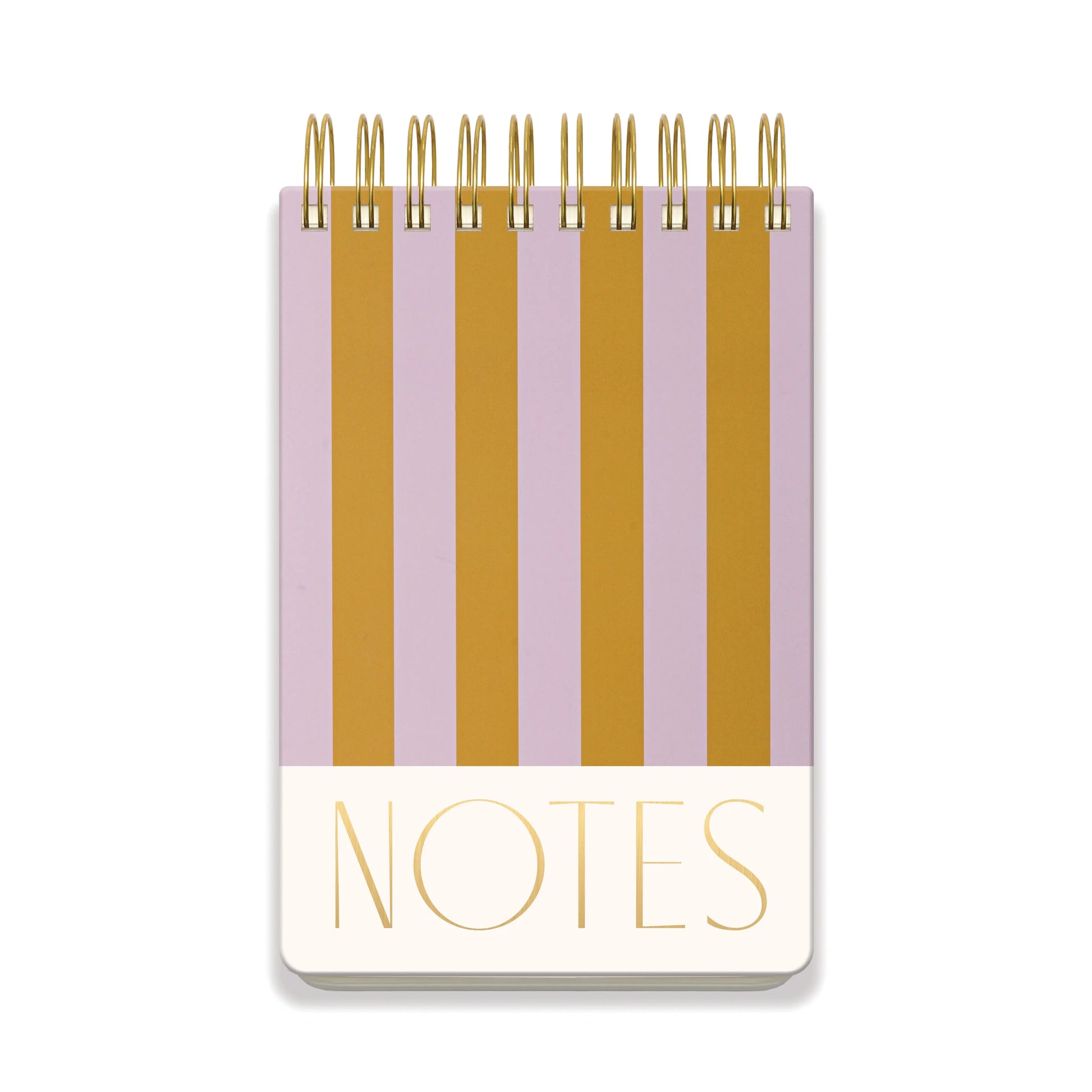The Large Chunky Notepad - Lilac + Ochre Stripes features a bold patterned cover with alternating lilac and ochre vertical stripes, plus NOTES printed in gold at the bottom.