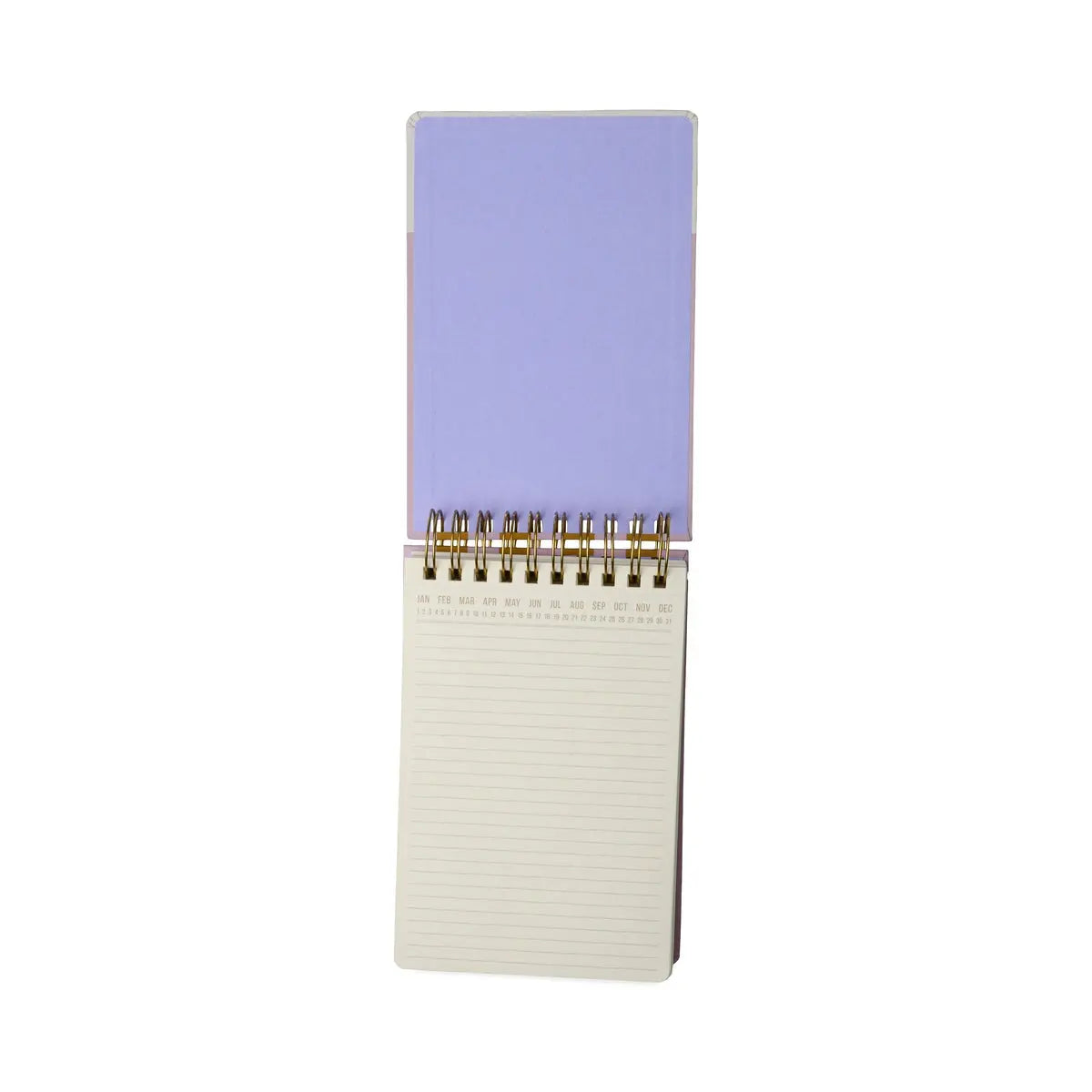 A large chunky notepad with lilac and ochre striped cover, opened vertically to lined pages on a white background.