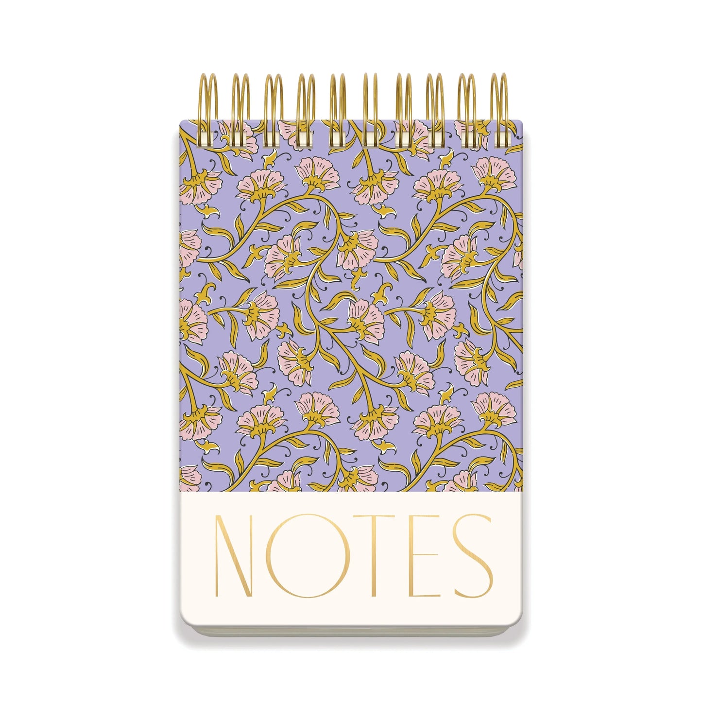 The Large Chunky Notepad - Purple Vintage Floral features a spiral-bound design with a bold, purple and yellow floral cover and NOTES in large gold letters on the bottom.
