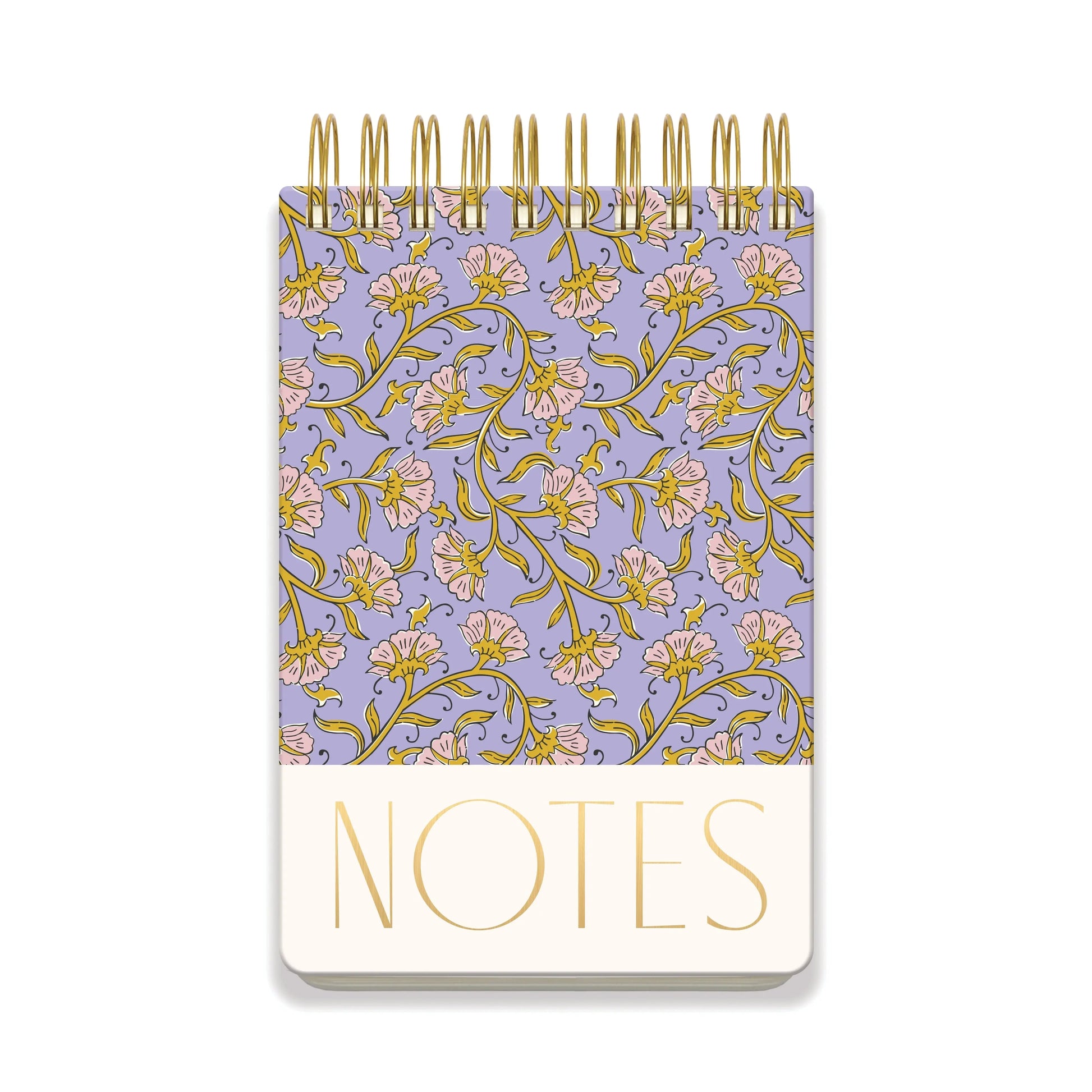 The Large Chunky Notepad - Purple Vintage Floral features a spiral-bound design with a bold, purple and yellow floral cover and NOTES in large gold letters on the bottom.