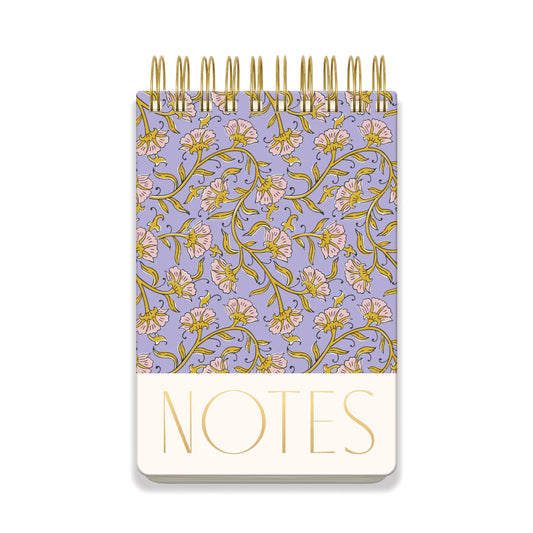 The Large Chunky Notepad - Purple Vintage Floral features a spiral-bound design with a bold, purple and yellow floral cover and NOTES in large gold letters on the bottom.