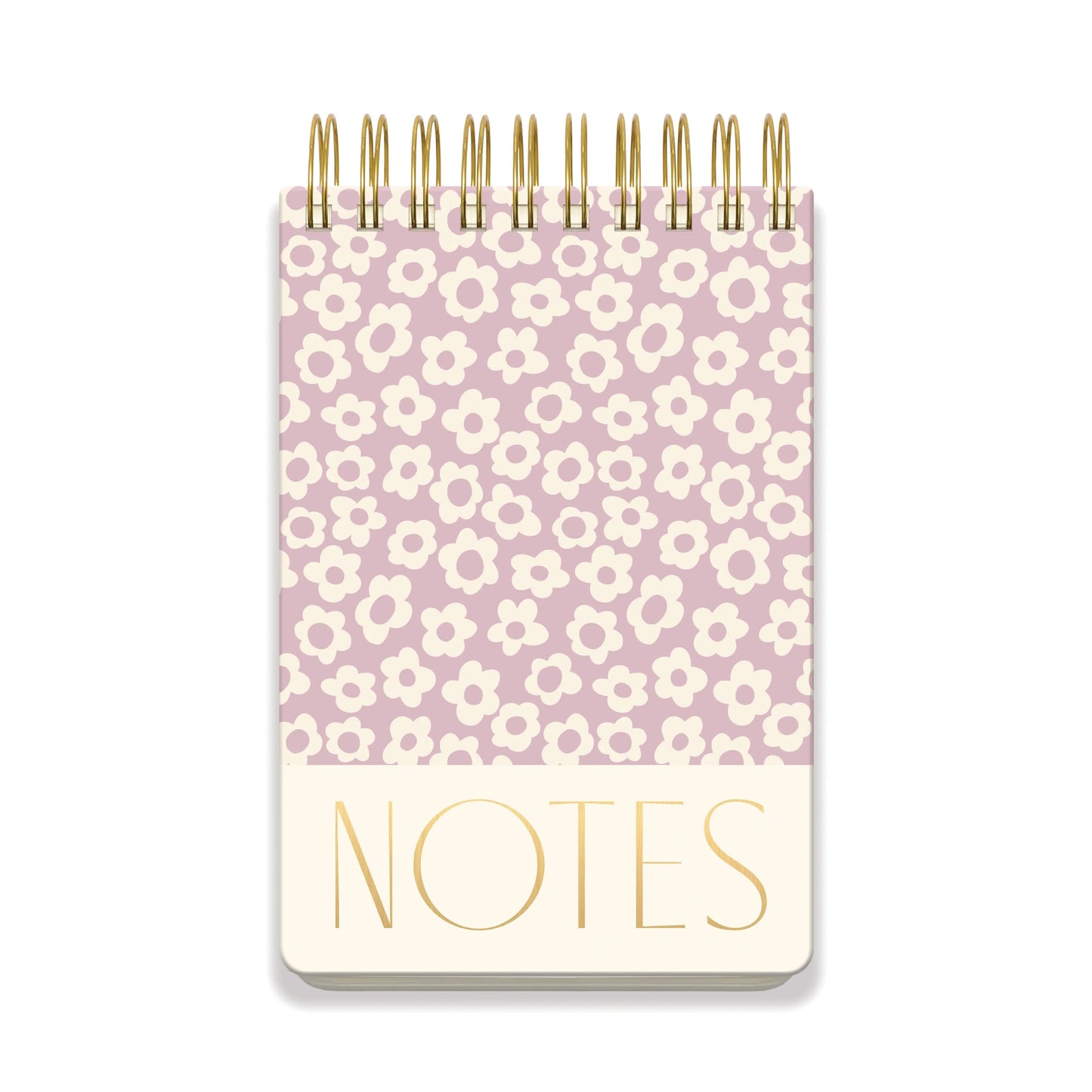 A large chunky notepad with a lilac groovy floral cover, spiral-bound, and featuring NOTES in bold gold letters at the bottom.