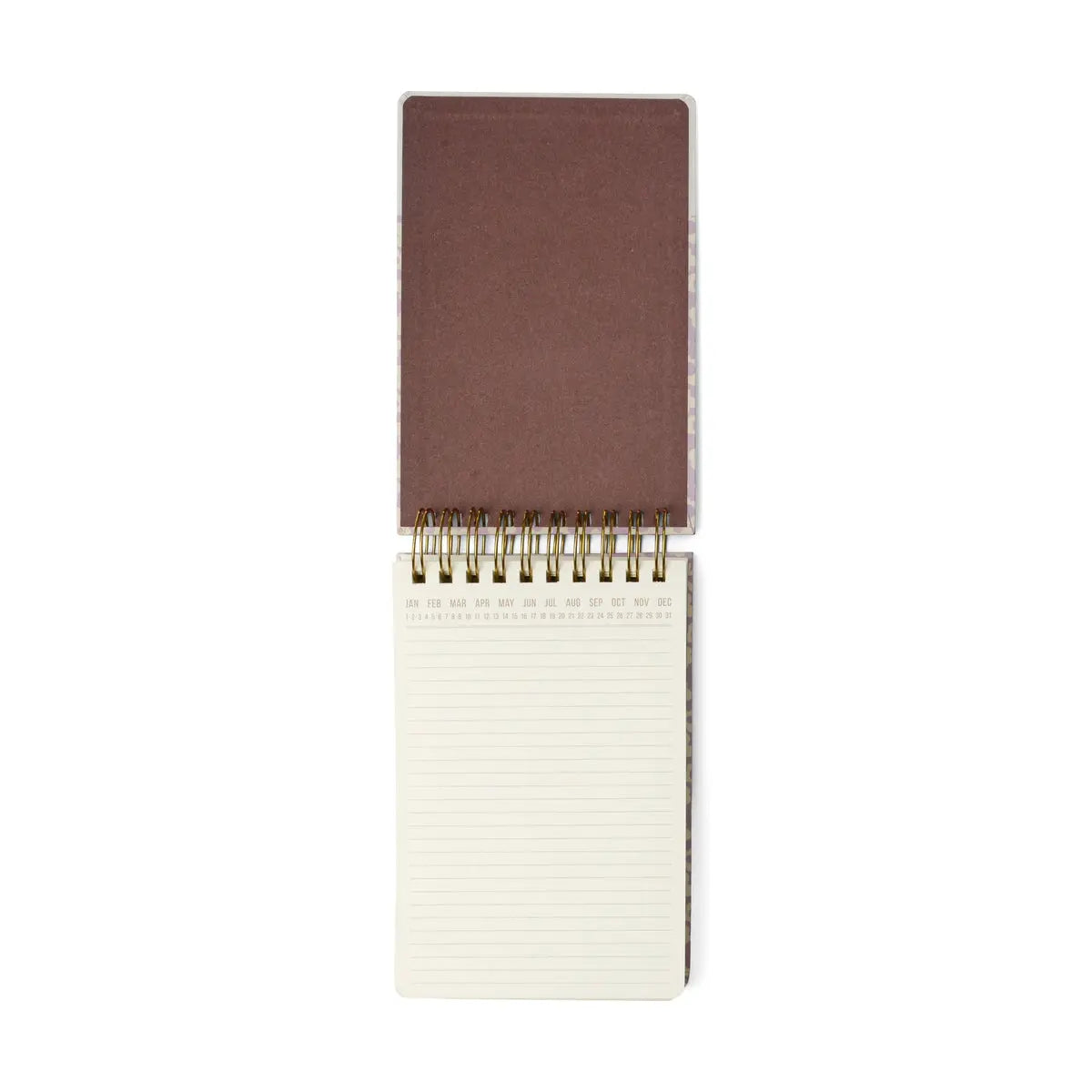 A Large Chunky Notepad - Lilac Groovy Floral with lined pages and a spiral-bound design lies open, viewed from above on a white background.