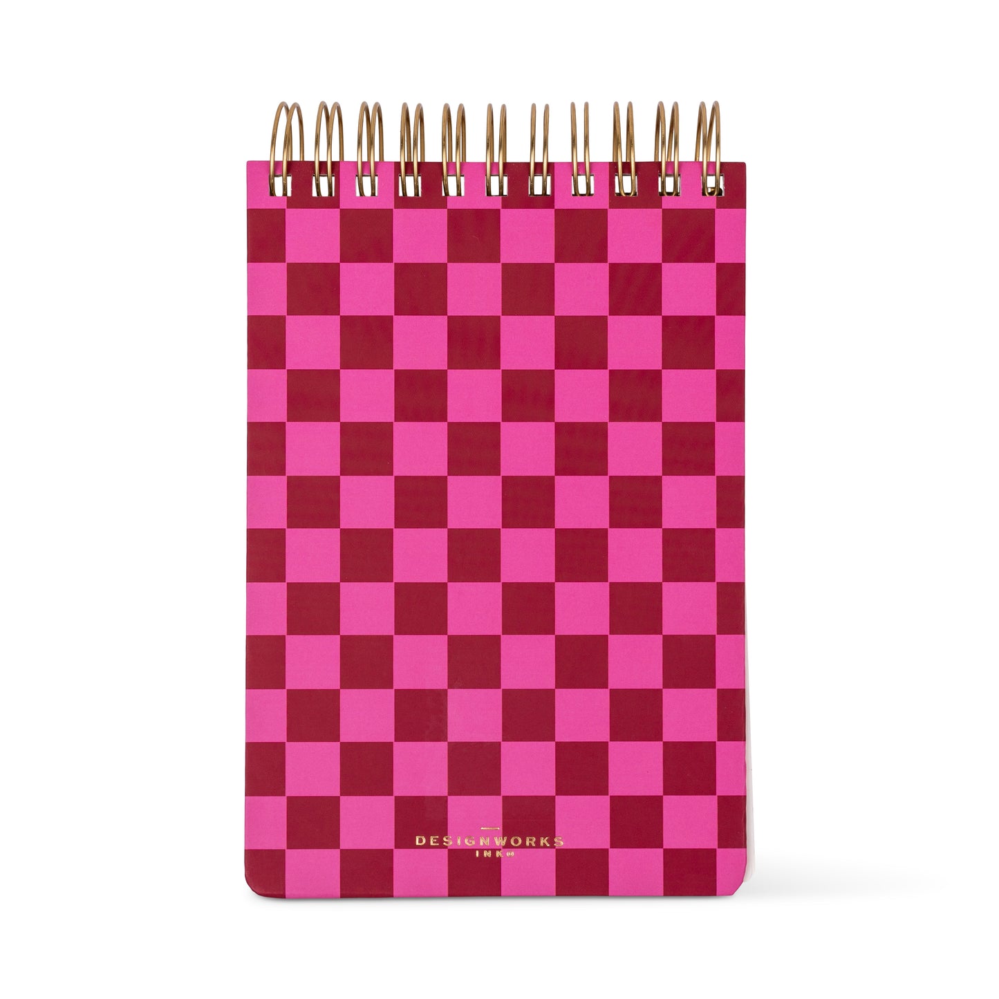 The Chunky Large Twin Wire Notepad - Burgundy + Pink features a rectangular shape, top metal twin wire binding, pink and burgundy checkerboard cover, rounded bottom corners, and is printed with soy-based ink for an eco-friendly touch.