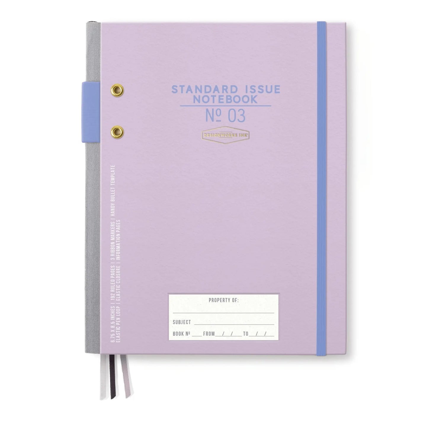 The Standard Issue Planner Notebook No. 03 - Lavender + Periwinkle features a gray spine, elastic band, hardback covers, and front cover label areas for property, subject, and dates.