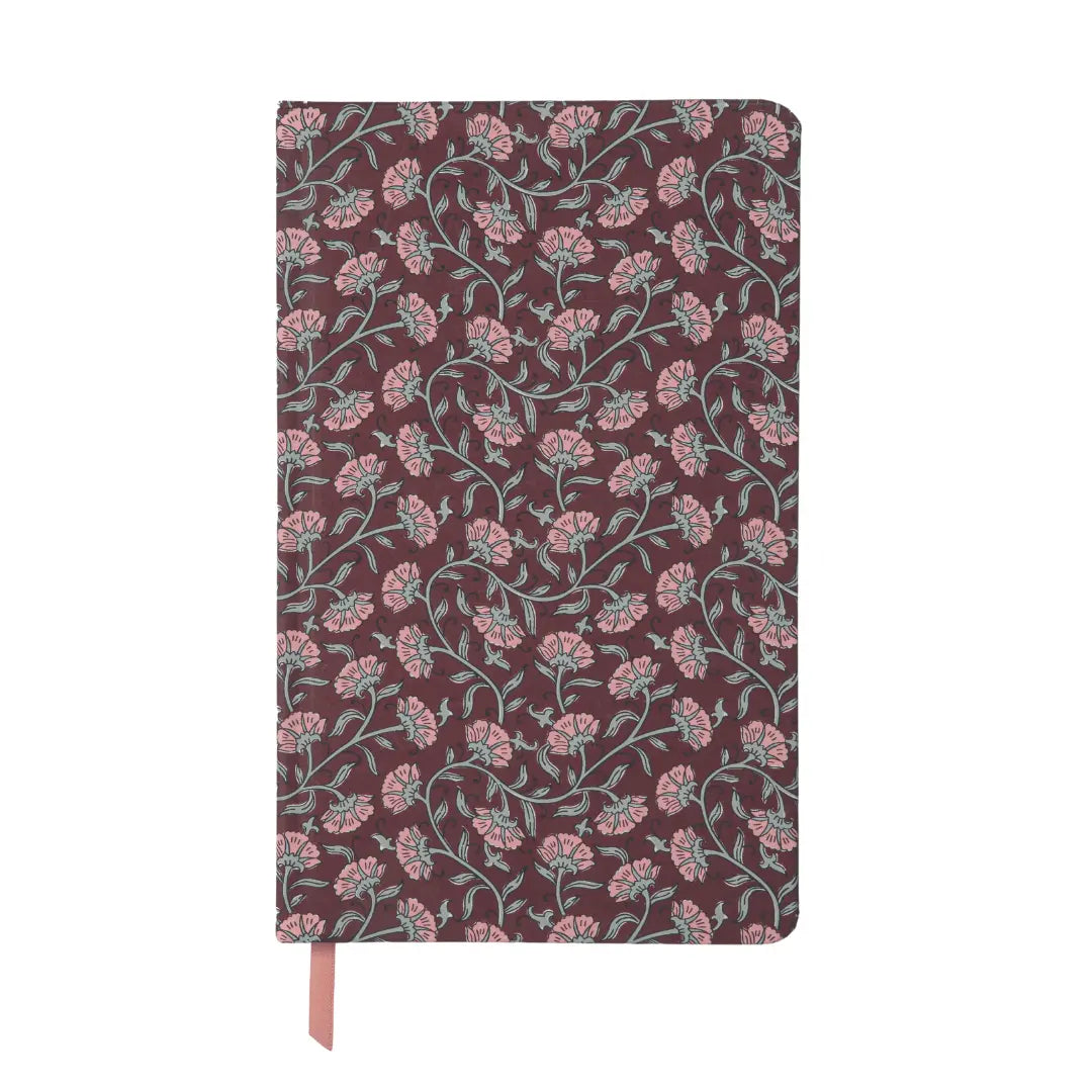 The Soft Touch Journal - Burgundy Vintage Floral features a maroon bookcloth cover with pink and green floral patterns and includes a matching pink ribbon bookmark.