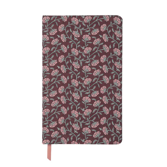 The Soft Touch Journal - Burgundy Vintage Floral features a maroon bookcloth cover with pink and green floral patterns and includes a matching pink ribbon bookmark.