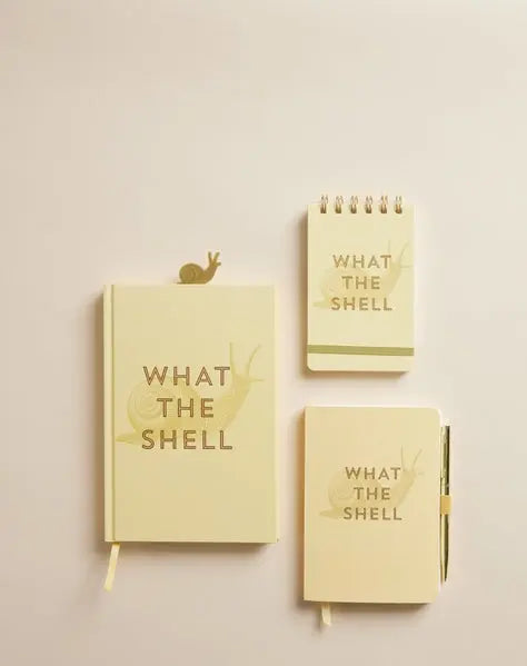 Set of Vintage Sass Brass Page Tabs - What the Shell: includes three beige page tabs with gold snail illustrations, a pen, and the playful phrase “WHAT THE SHELL” on each tab for a chic, modern look.