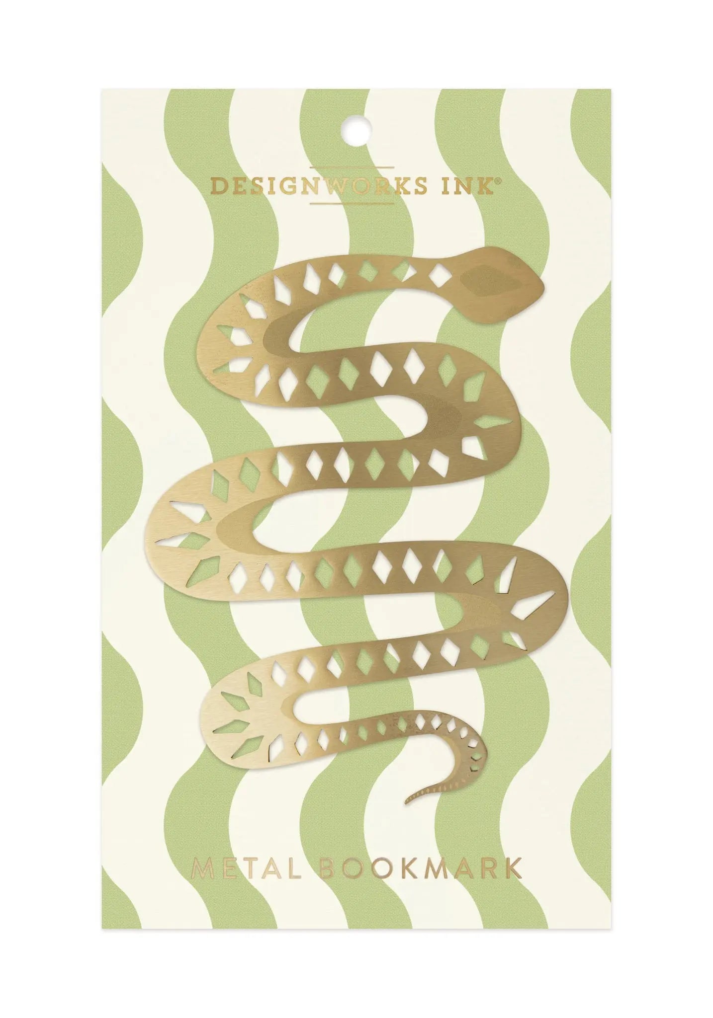gold colored metal bookmark in the shape of a snake with diamond cutouts