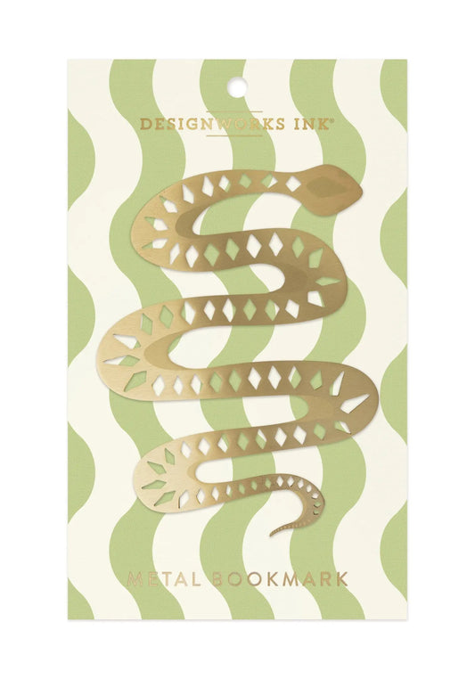 gold colored metal bookmark in the shape of a snake with diamond cutouts