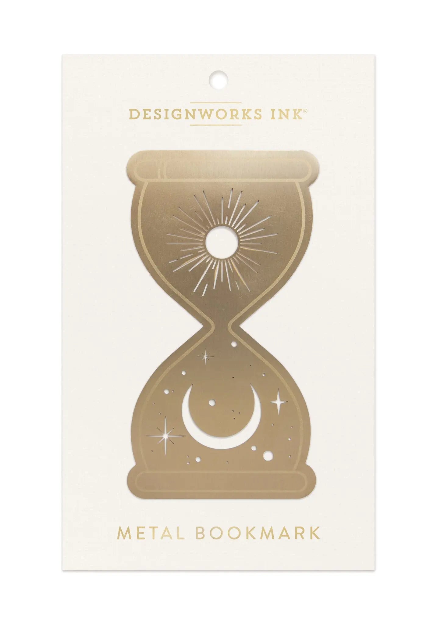 Gold colored metal book mark in shape of an hour glass and celestial moon and sun design