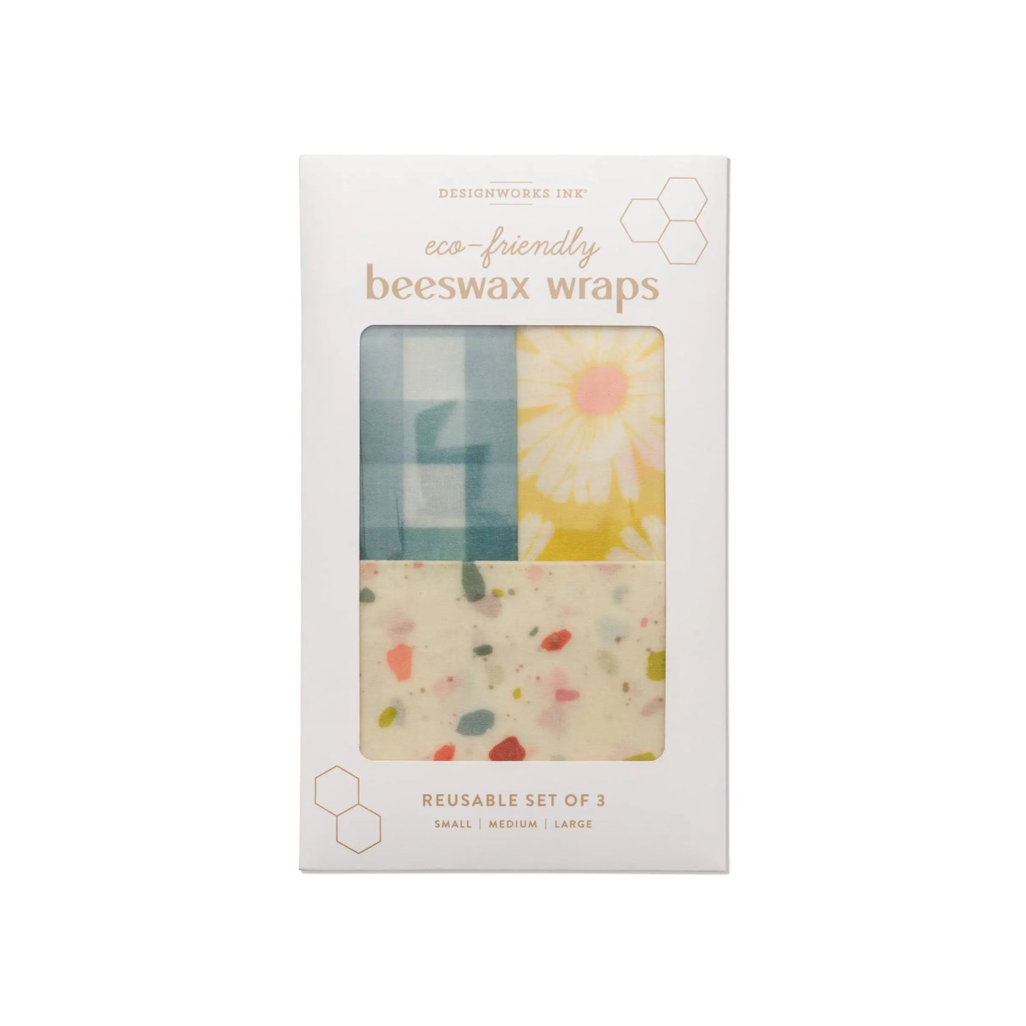 The Beeswax Wrap Set of 3 - Retro features eco-friendly, biodegradable wraps in assorted patterns with a clear window displaying part of each sustainable, reusable wrap inside.