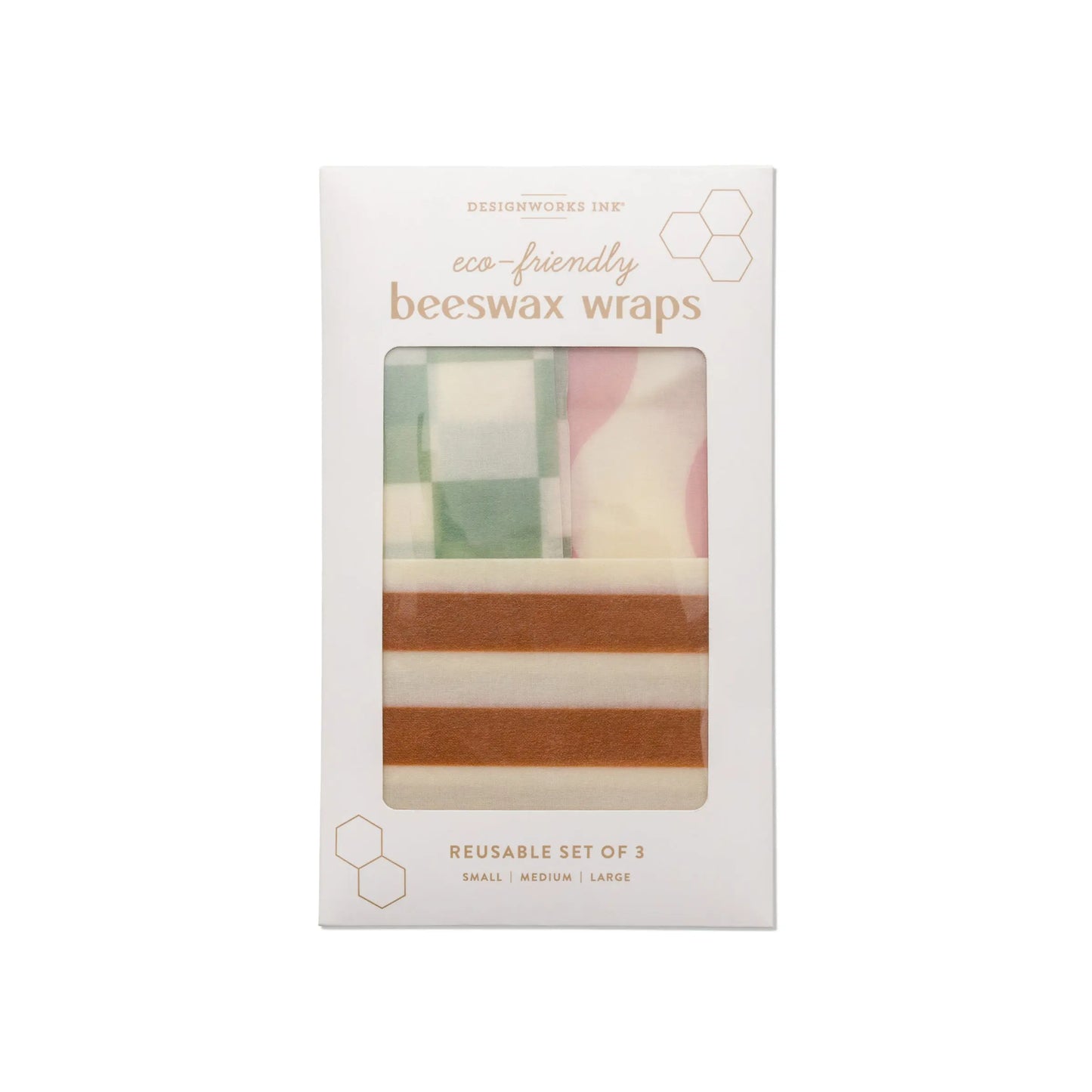 The Beeswax Wrap Set of 3 - Geo includes biodegradable, reusable, and eco-friendly wraps in assorted sizes (small, medium, large) with colorful geometric patterns.