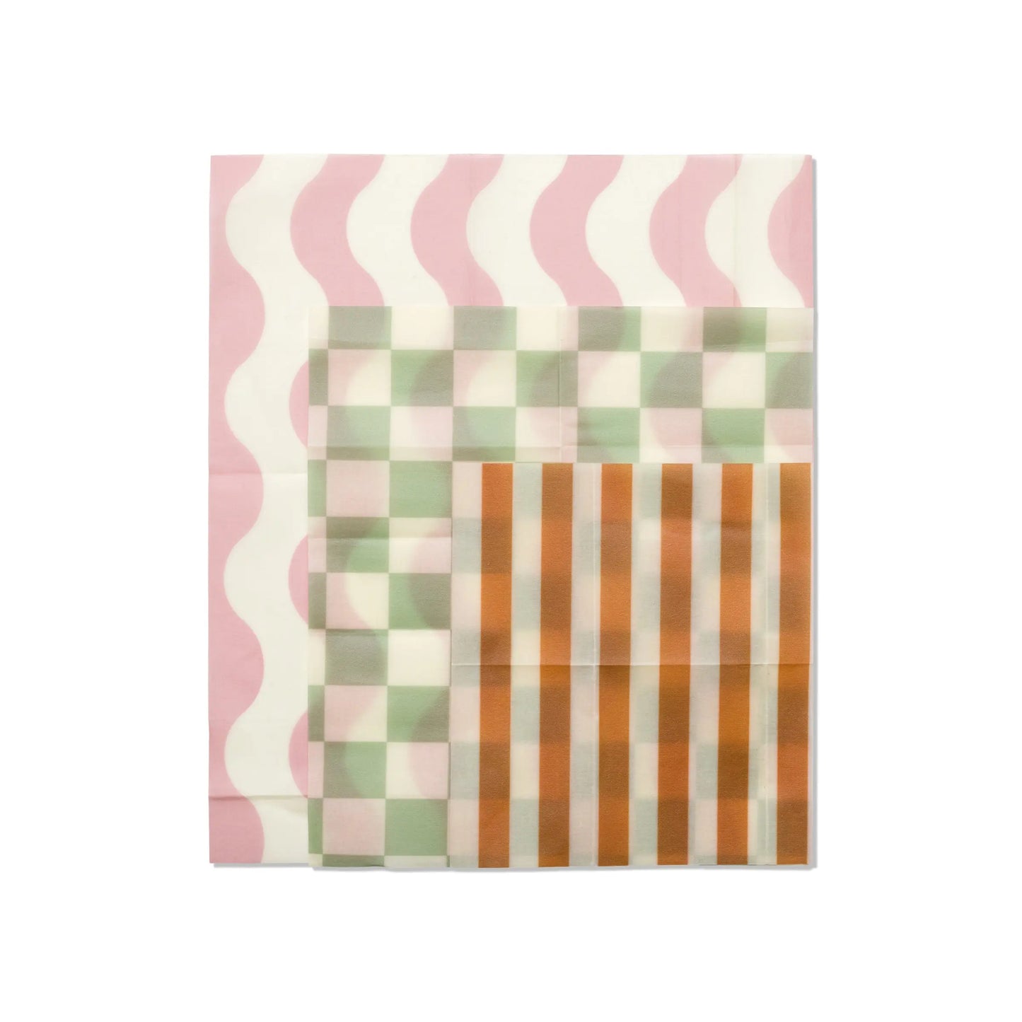The Beeswax Wrap Set of 3 - Geo features overlapping patterns: a pink wavy background, green and pink checkerboard, and orange-green stripes—crafted from eco-friendly materials for a creative, sustainable touch.