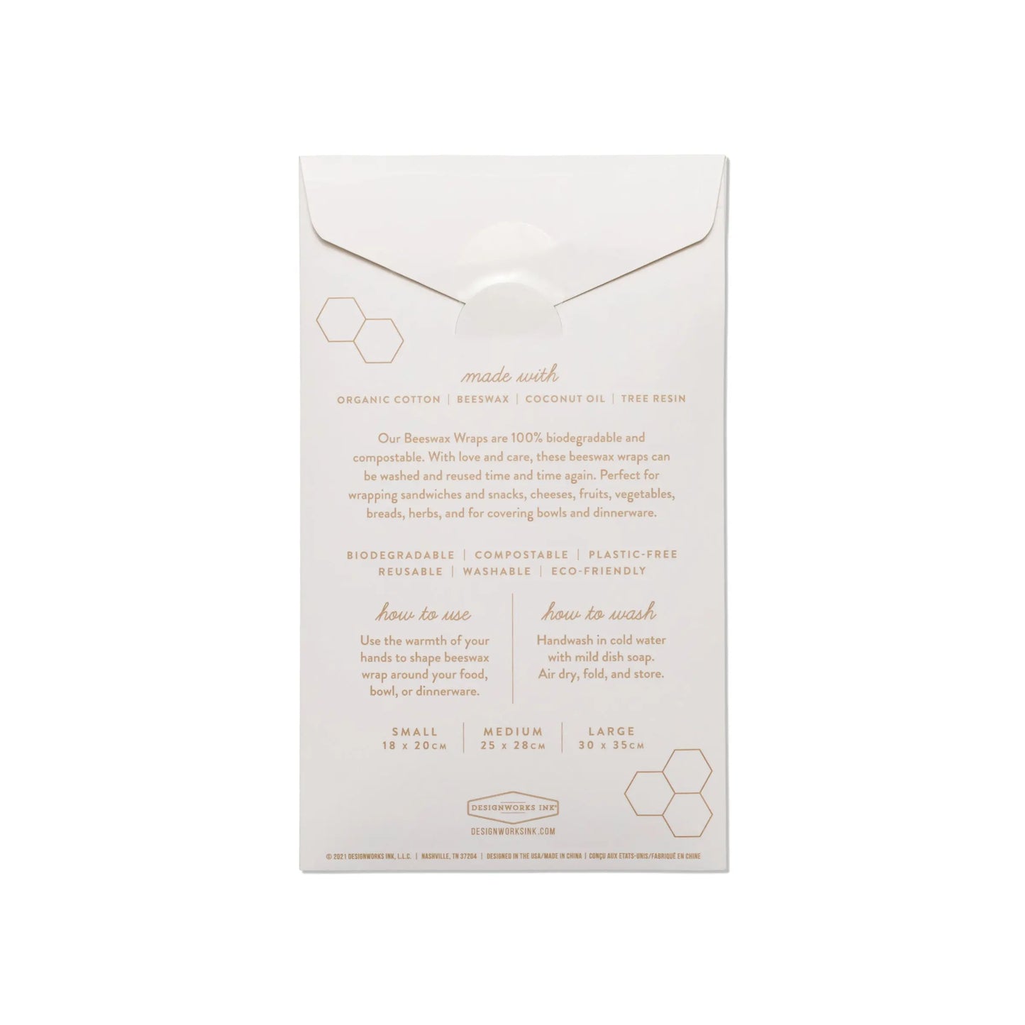 Back of Beeswax Wrap Set of 3 - Geo box shows materials, care instructions, usage tips, and size options in a minimal design. These biodegradable wraps are ideal for sustainable food storage.