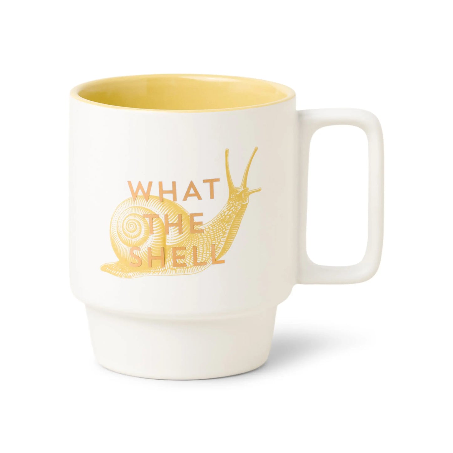 The Vintage Sass 12 oz. Mug - What The Shell is a white ceramic mug with a yellow interior, playful snail art, and metallic gold WHAT THE SHELL lettering on the front.