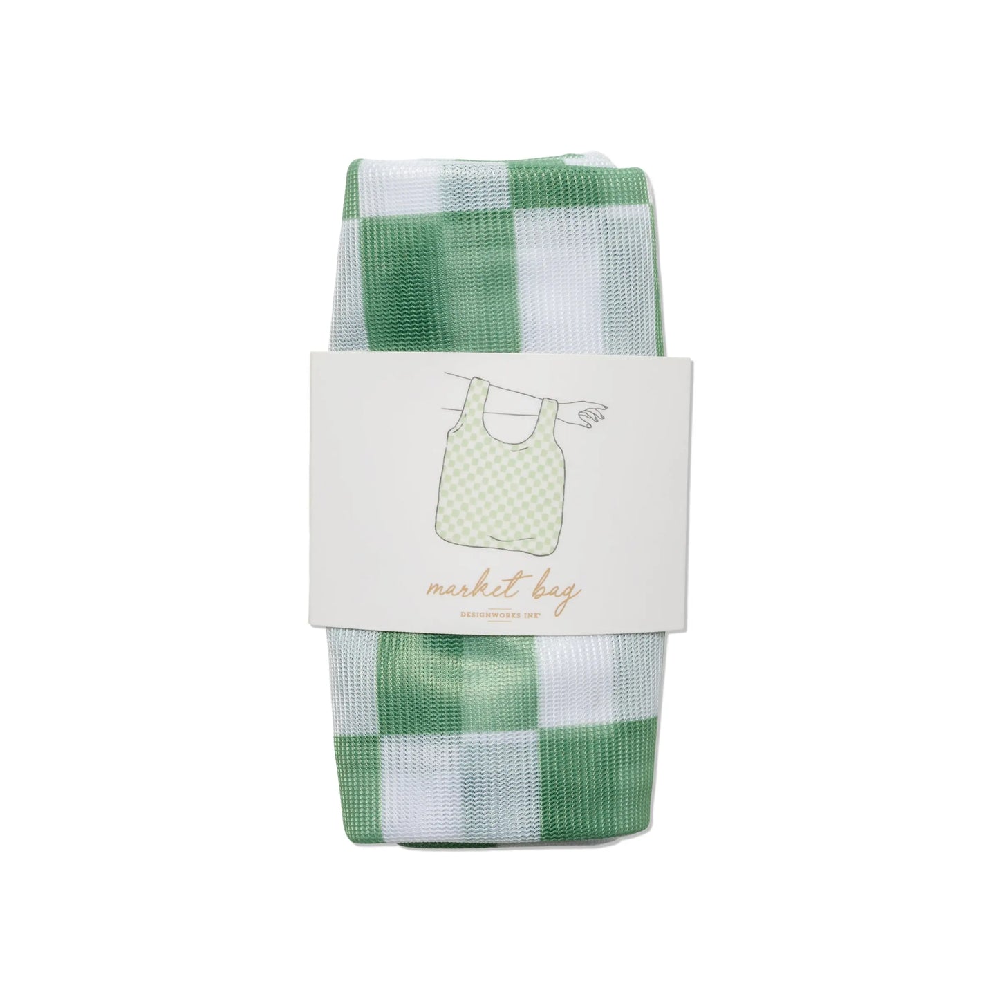 A folded green and white Reusable Market Bag - Checkered, made from recycled bottles, is wrapped in a paper label with an illustration of the bag and the words “market bag.”.