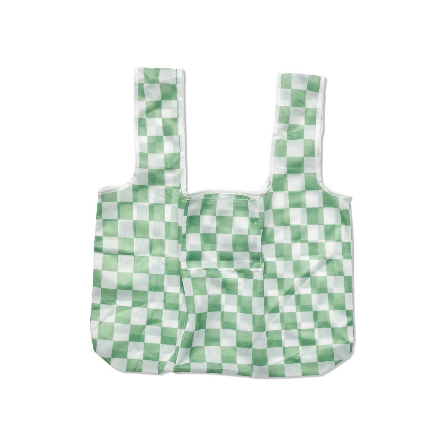 The Reusable Market Bag - Checkered features a green and white checkered design, is made from recycled bottles, and is shown on a plain white background.