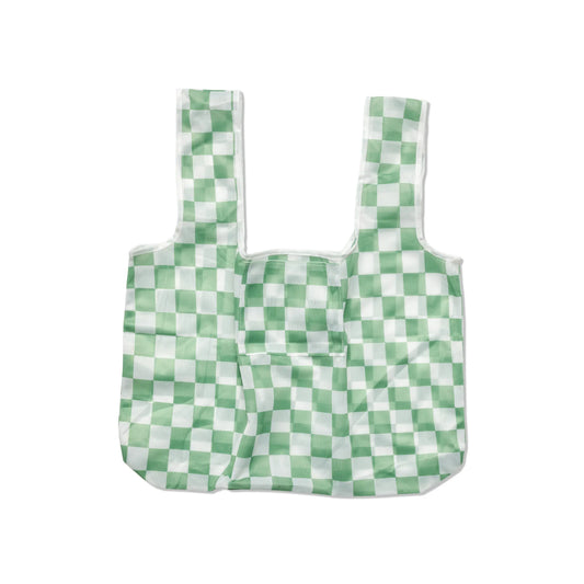 The Reusable Market Bag - Checkered features a green and white checkered design, is made from recycled bottles, and is shown on a plain white background.