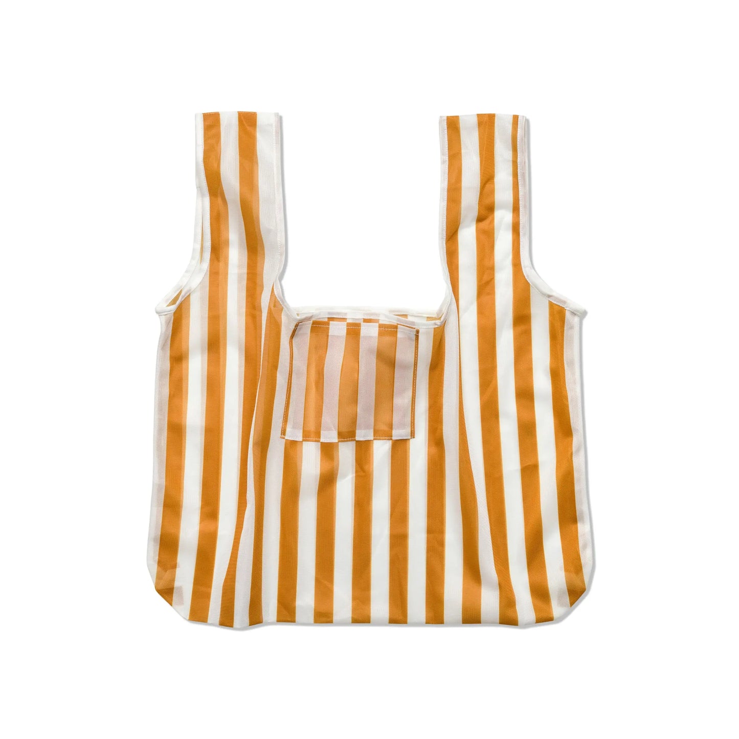 The Reusable Market Bag - Stripe is an eco-friendly bag with vertical orange and white stripes, a front square pocket, and is made from recycled bottles for sustainable shopping, shown against a white background.
