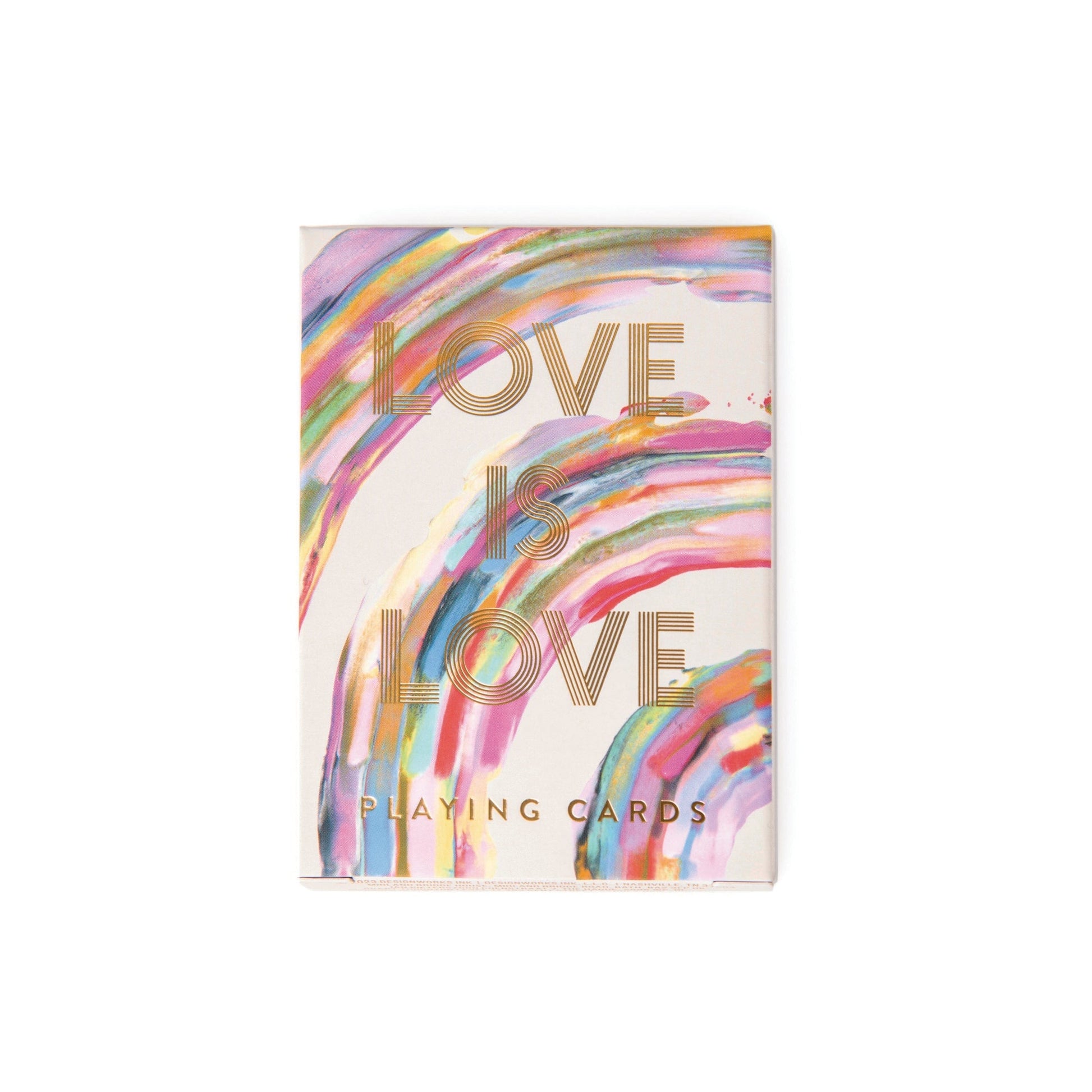 Love Is Love playing cards box with rainbow design and the words Love is Love Playing Cards embossed on whitebackground