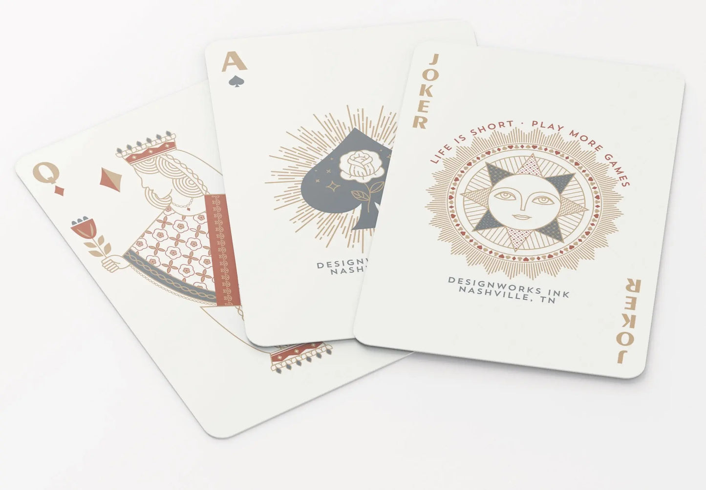 Three Playing Cards - Modern Deco—Queen of Hearts, Ace of Spades, and Joker—showcase minimalist custom artwork by DesignWorks Ink, Nashville, TN.