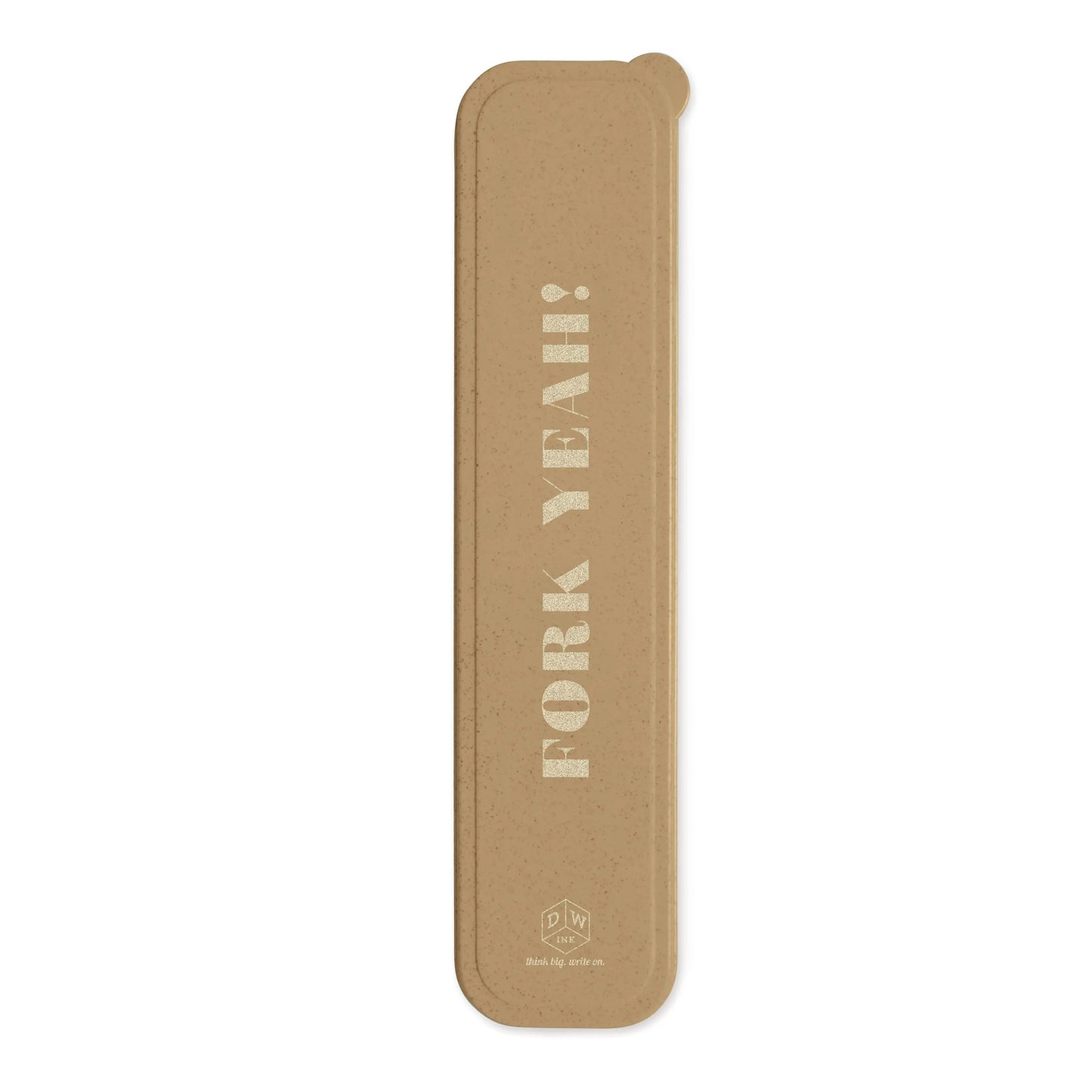 The Portable Flatware Set - Fork Yeah is a beige rectangular eco storage case with rounded edges and FORK YEAH! printed in white. Perfect for carrying reusable flatware on the go.