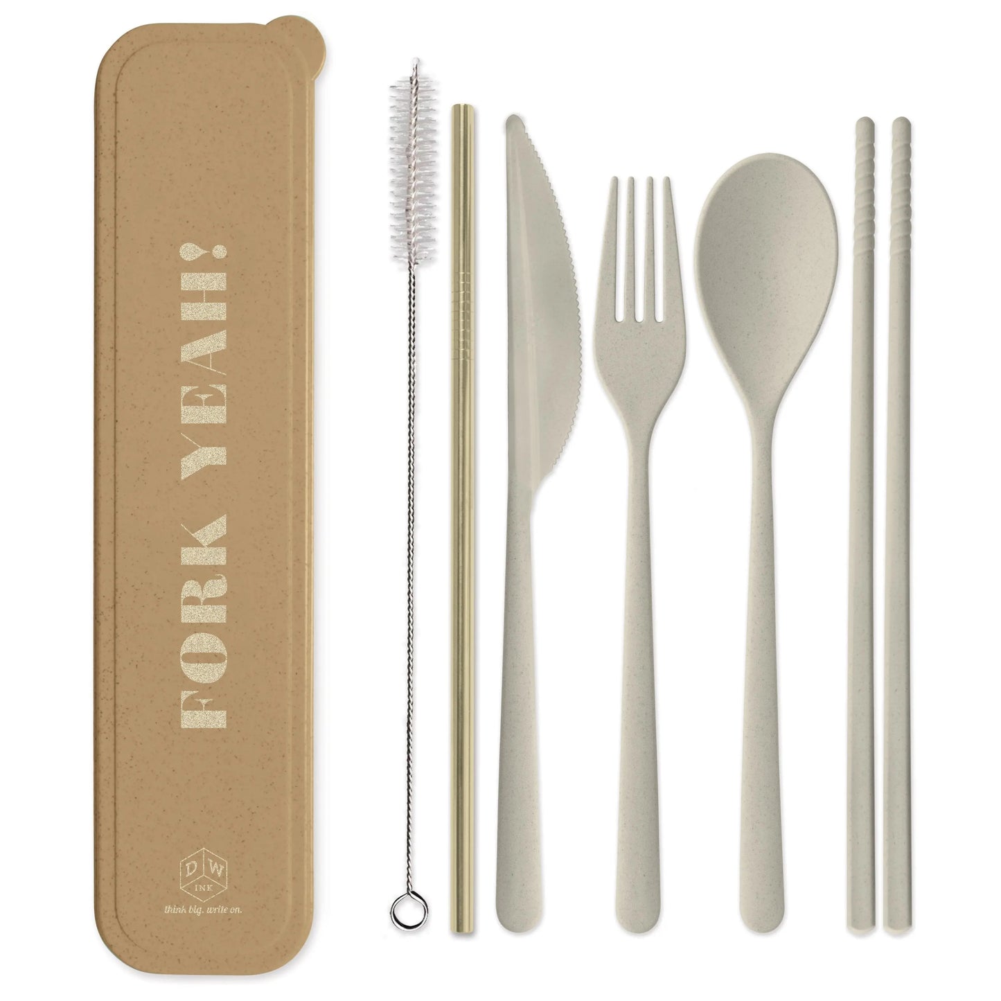The Portable Flatware Set - Fork Yeah includes a knife, fork, spoon, straw, chopsticks, cleaning brush, and eco-friendly wheat straw storage case—all in a versatile neutral shade.