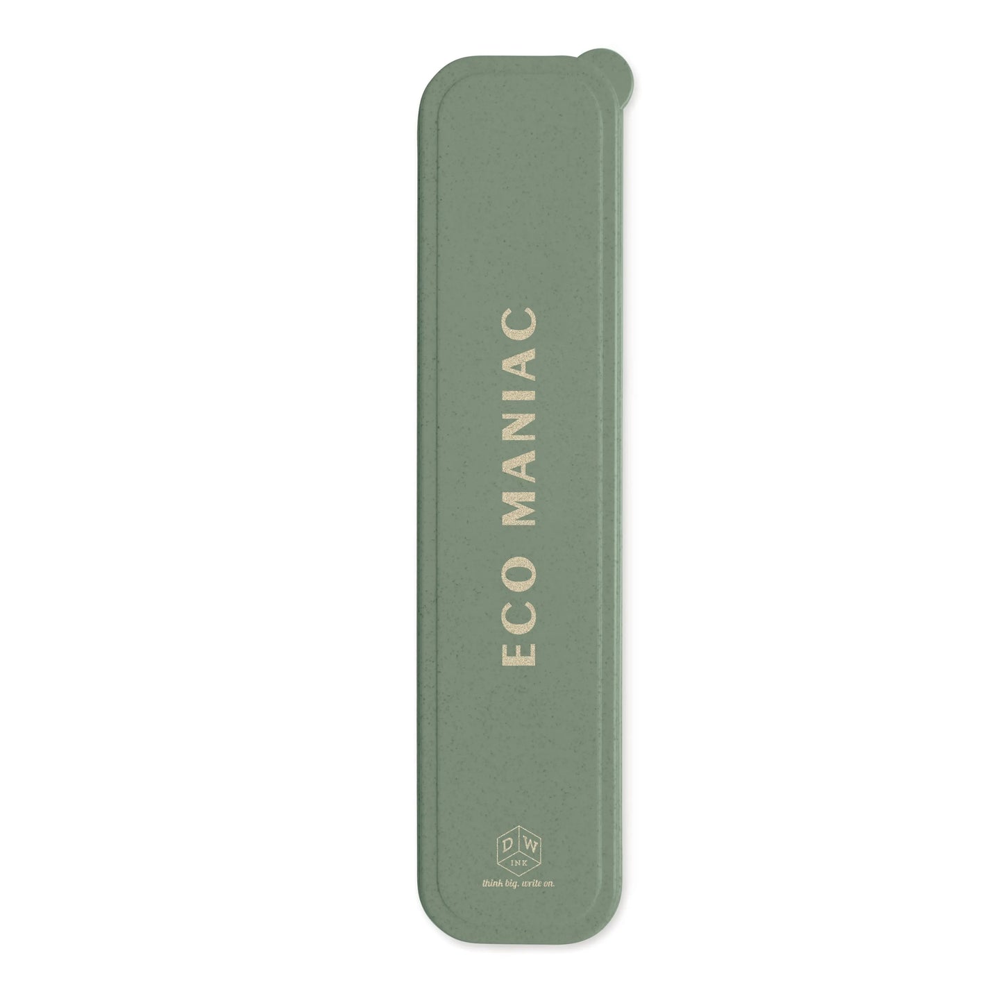 The Eco Maniac Portable Flatware Set comes in a green, rectangular wheat straw case with rounded edges and ECO MANIAC printed vertically in white.