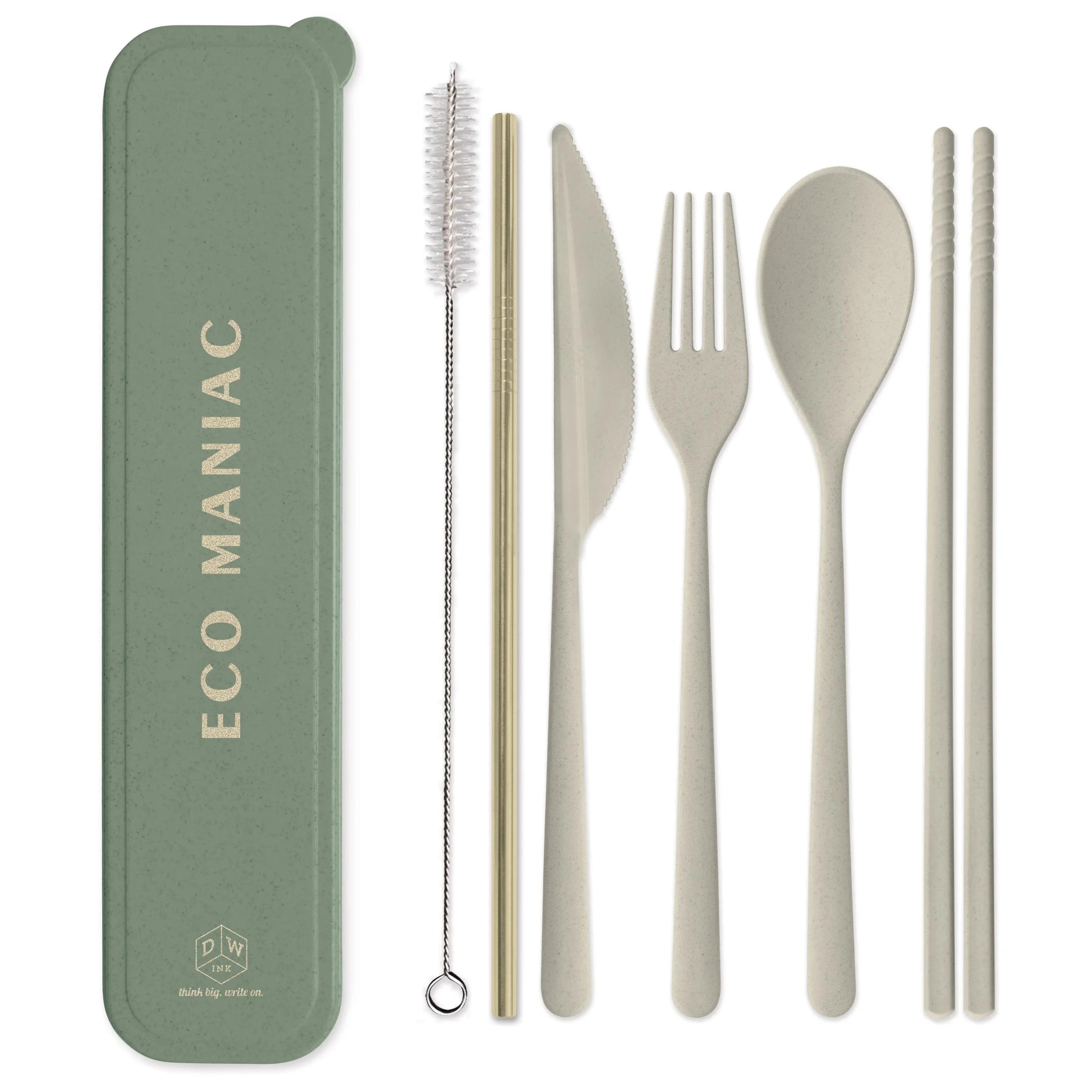The Portable Flatware Set - Eco Maniac features an eco-friendly design in a green wheat straw case, and includes a knife, fork, spoon, teaspoon, chopsticks, straw, and reusable straw brush.