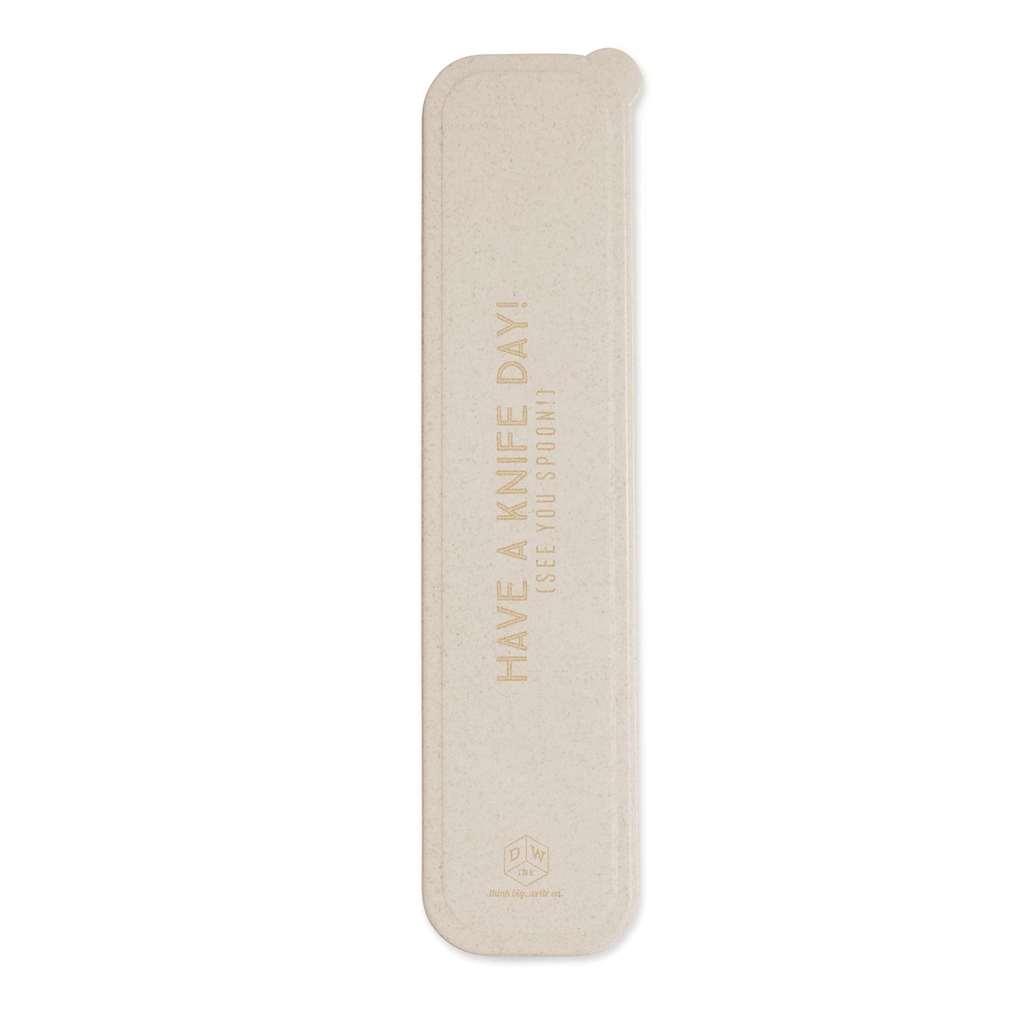 The Portable Flatware Set - Have A Knife Day! (See You Spoon!) is a beige, rectangular eco storage case with rounded corners, ideal for carrying reusable or wheat straw flatware.