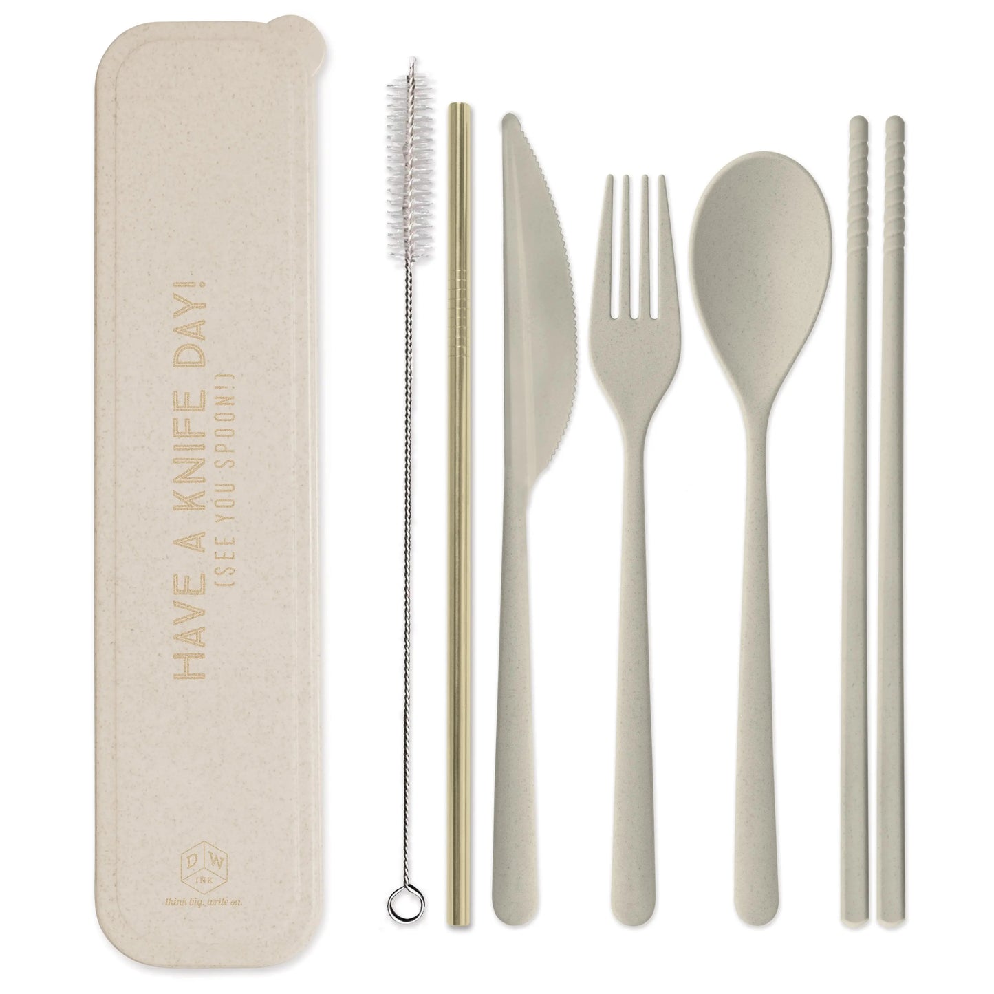 The Portable Flatware Set - Have A Knife Day! (See You Spoon!) includes wheat straw knife, fork, spoon, chopsticks, straw, and brush in a light beige eco case—all displayed side by side for easy access.