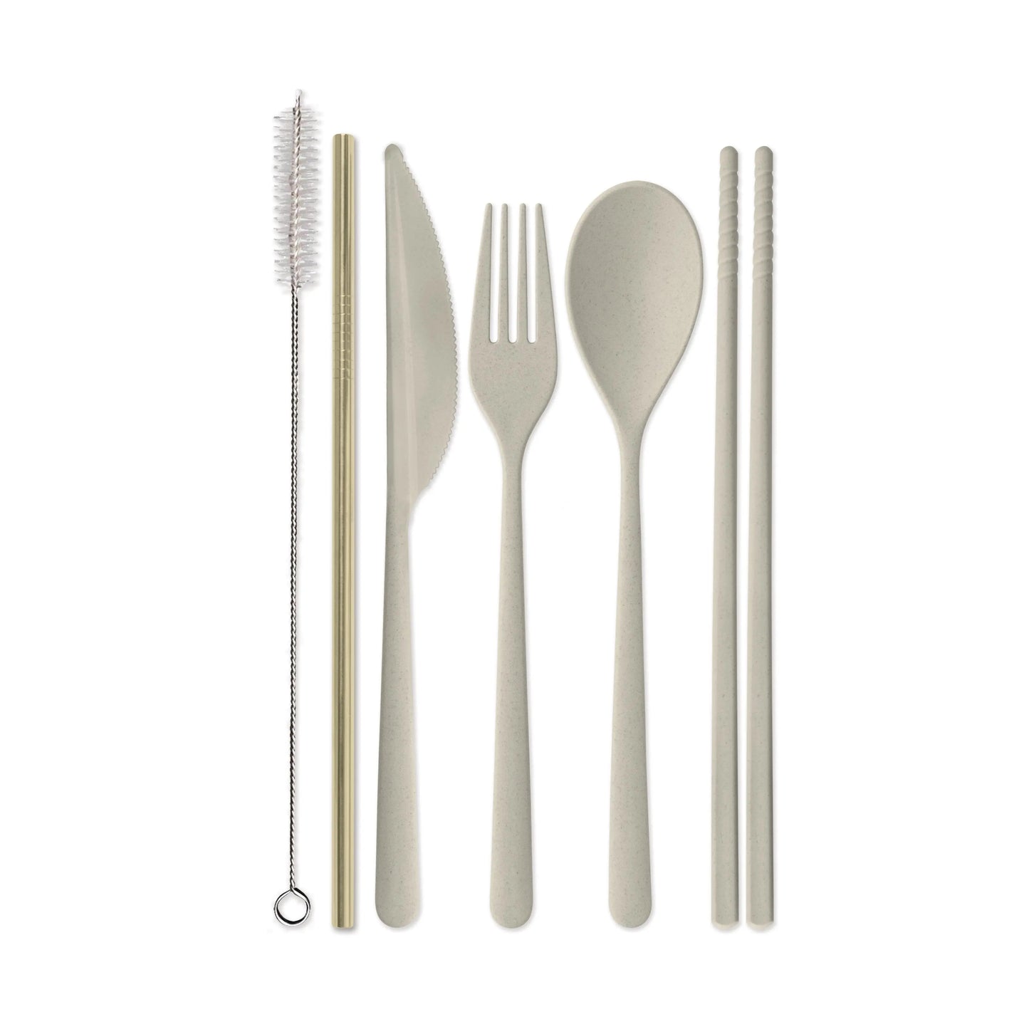 The Portable Flatware Set - Have A Knife Day! (See You Spoon!) in light beige includes a straw cleaner, straw, knife, fork, spoon, and chopsticks with an eco storage case, displayed side by side on a white background.