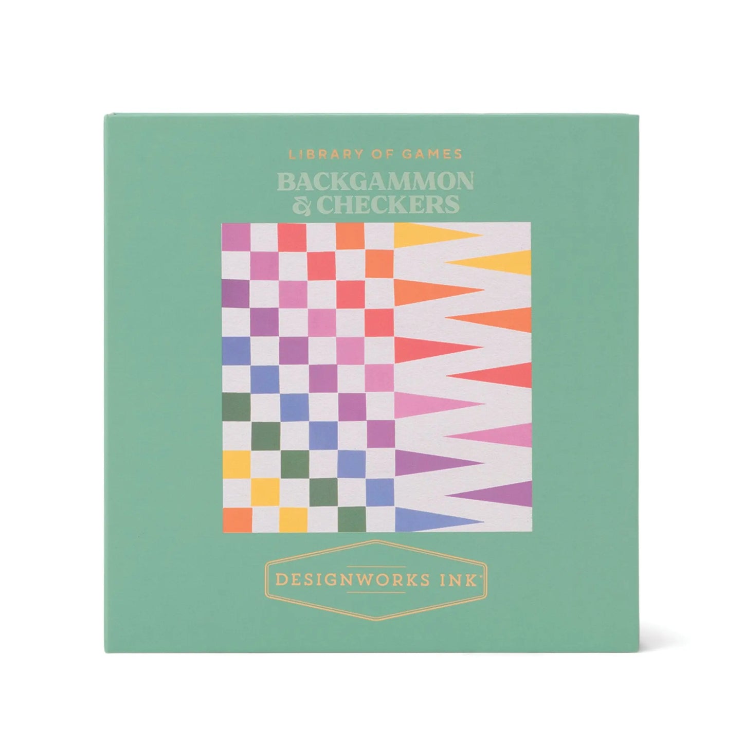 The Library of Games - Checkers / Backgammon features a green box with a colorful geometric design—ideal for enhancing your next game night.