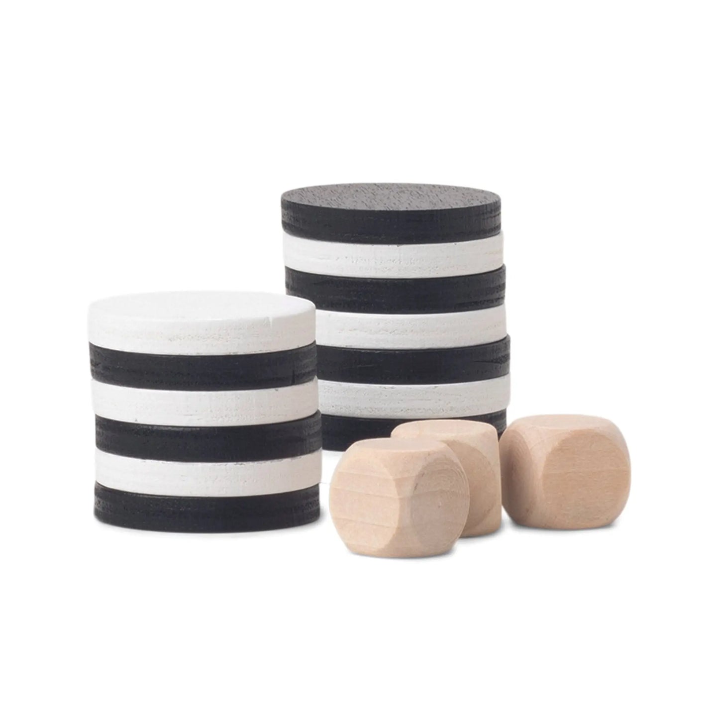 Behind three natural wood cubes on a white background, two stacks of alternating black and white discs from the Library of Games - Checkers / Backgammon set resemble checkers pieces.