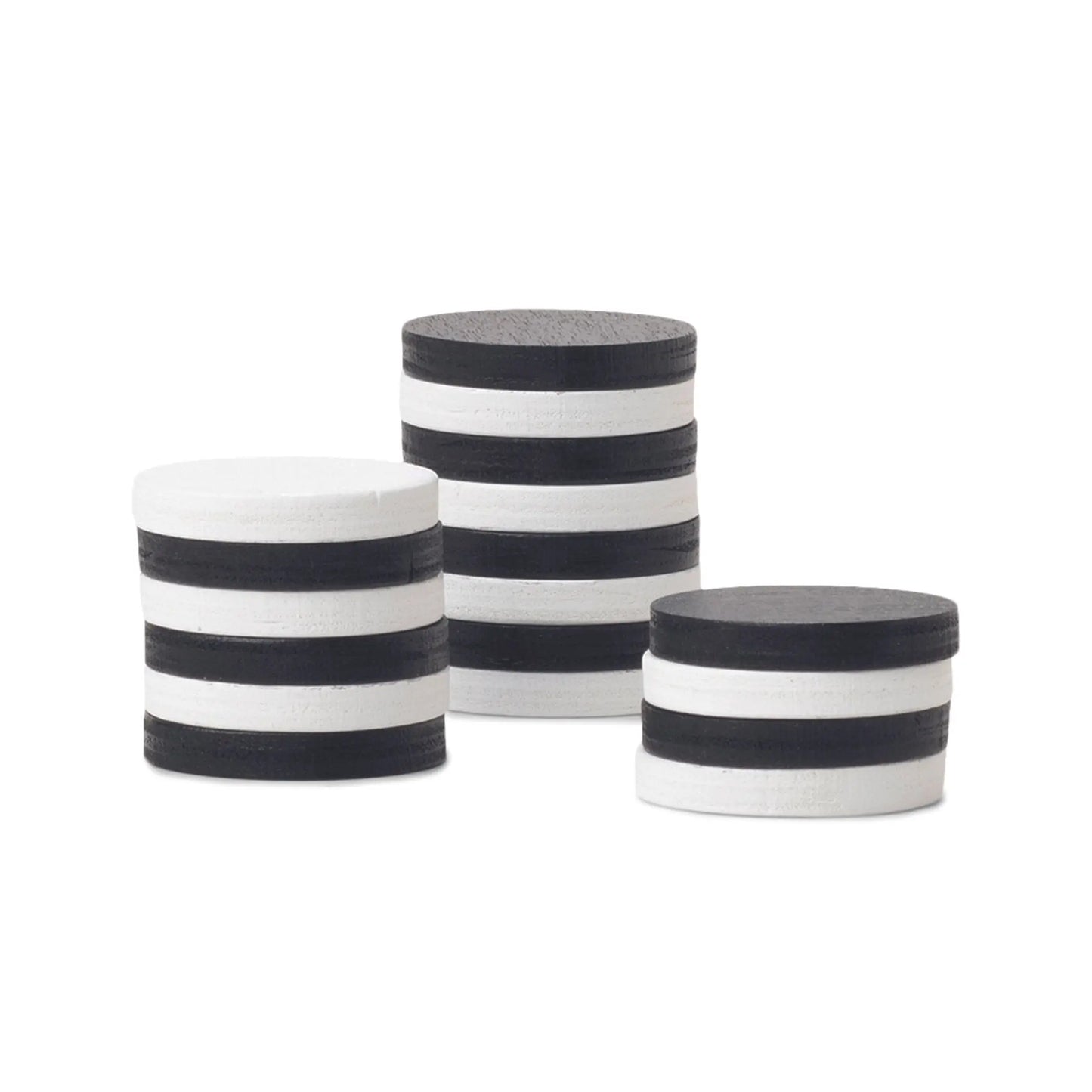 Three cylindrical pieces from the Library of Games - Checkers / Backgammon set, featuring alternating black and white stripes, are grouped on a plain white background, adding a classic touch perfect for any stylish game night.