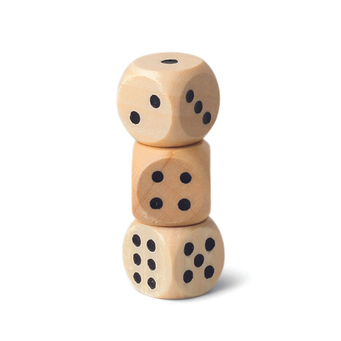 Three wooden dice are stacked vertically, displaying three, five, and six on a white background—an ideal accessory for your next Library of Games - Checkers / Backgammon night.